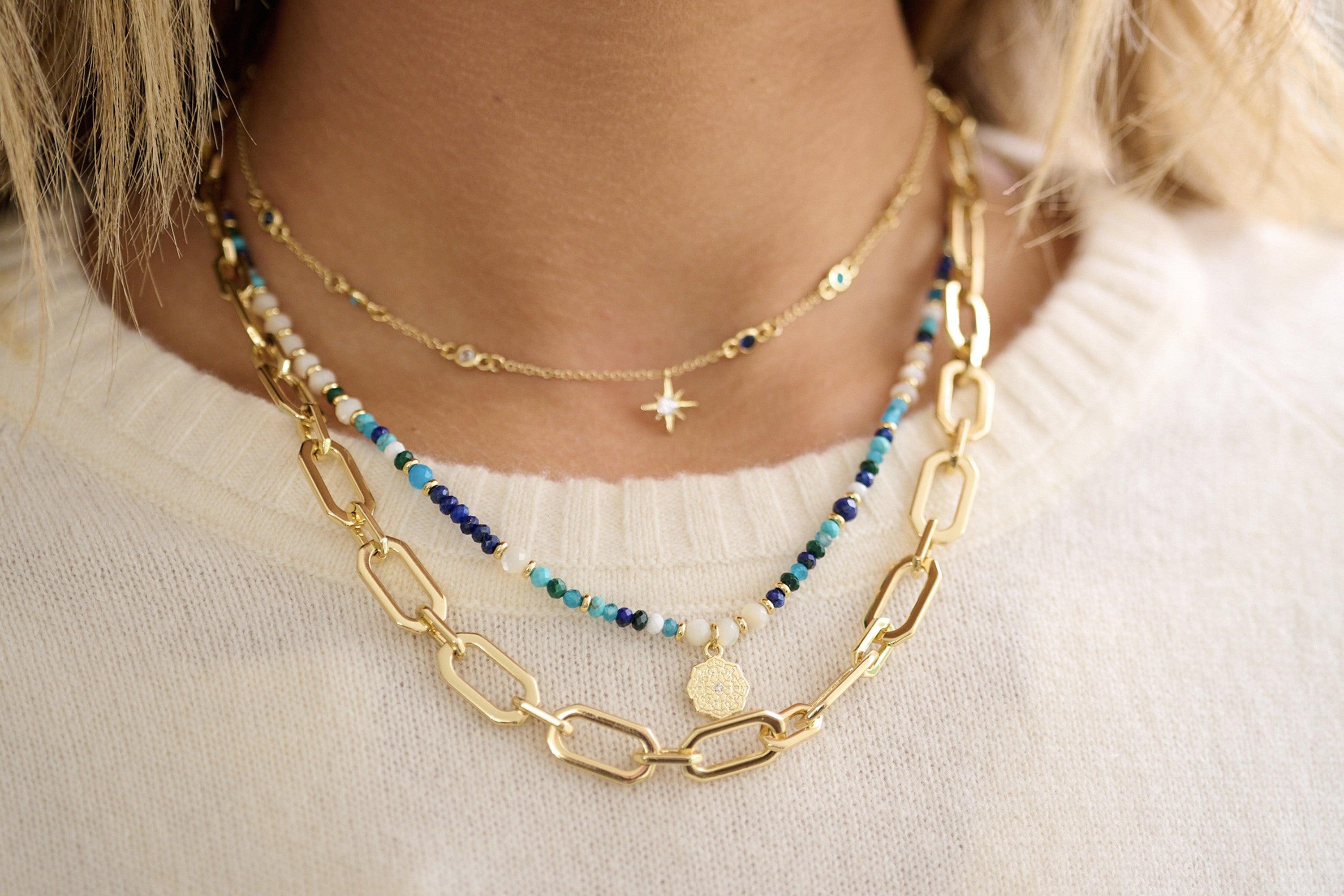 Midas Gold Chunky Chain Necklace styled with a chic outfit, showcasing its bold geometric design and gold-plated finish for a striking statement.