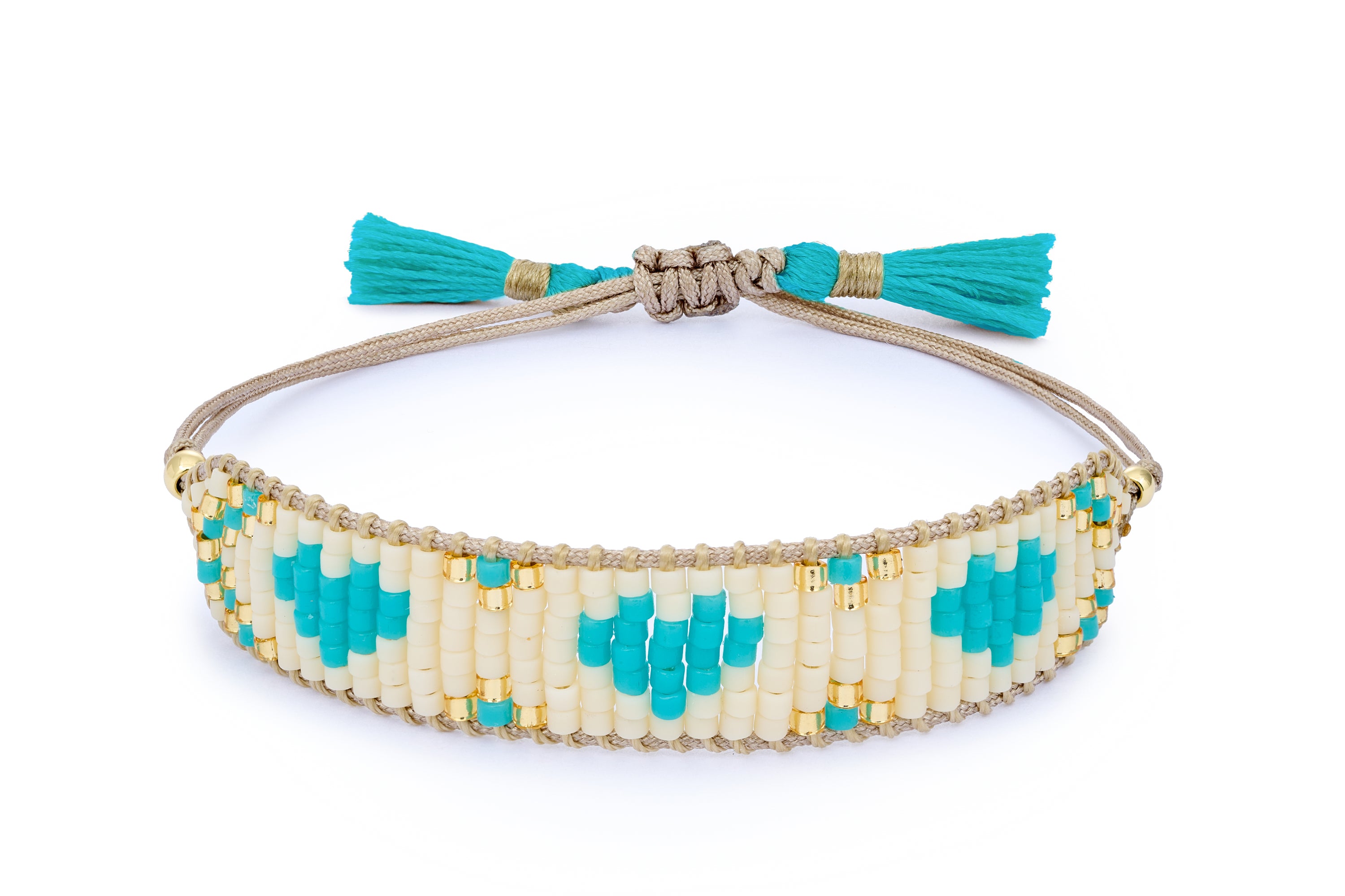 Mini Turquoise & Cream Gold Heart Friendship Bracelet featuring delicate woven Miyuki beads in turquoise and cream with shimmering gold-plated accents.