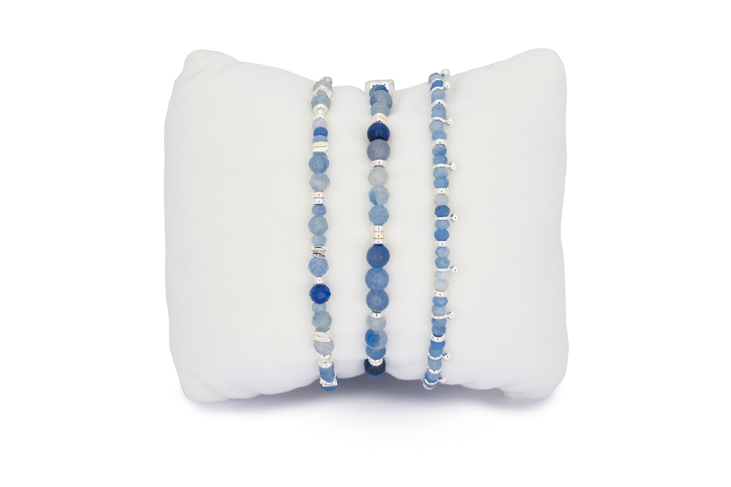 Moala Blue Aventurine Silver Bracelet Stack featuring a trio of blue Aventurine gemstone bracelets with silver-plated accents.