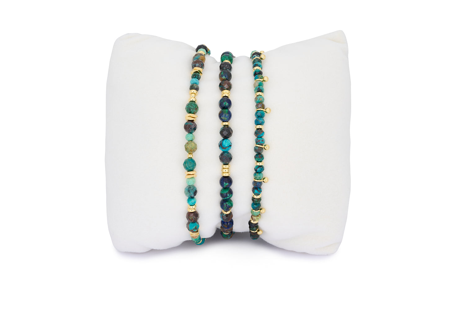 Moala Gold & Azurite Gemstone Stacking Bracelet featuring deep blue and green azurite gemstones with 12k gold-plated accents, designed for layering or gifting as a meaningful bracelet set.