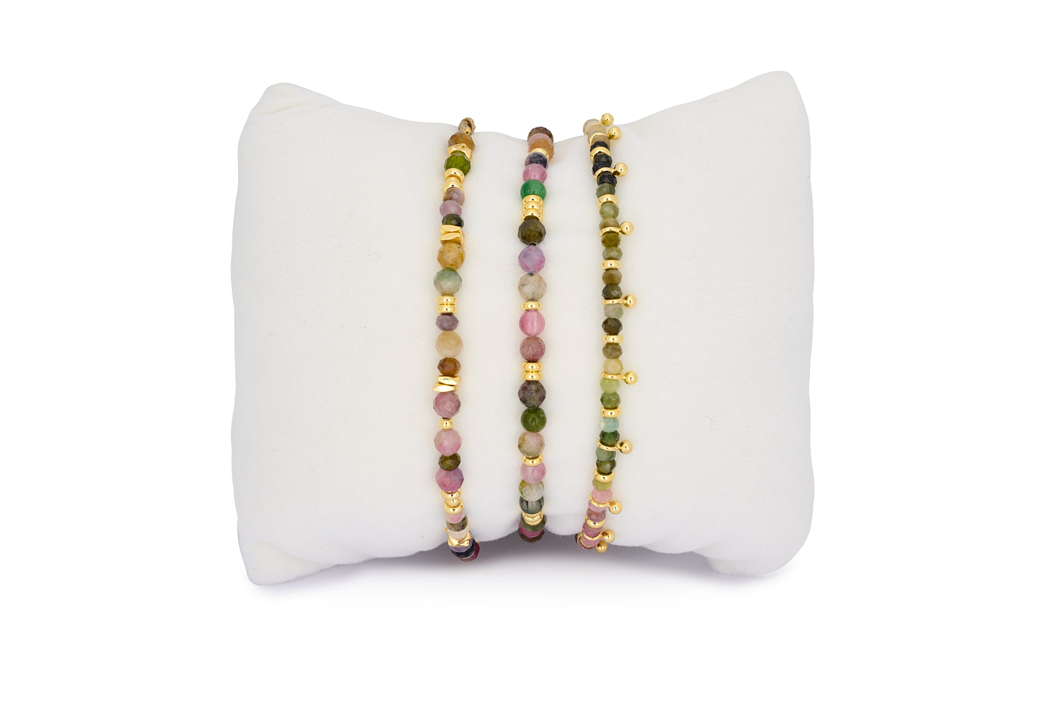 Moala Gold & Tourmaline Beaded Bracelet Stack featuring multicoloured tourmaline gemstones with 12k gold-plated accents, designed for stacking or gifting as a protective, boho-chic accessory.