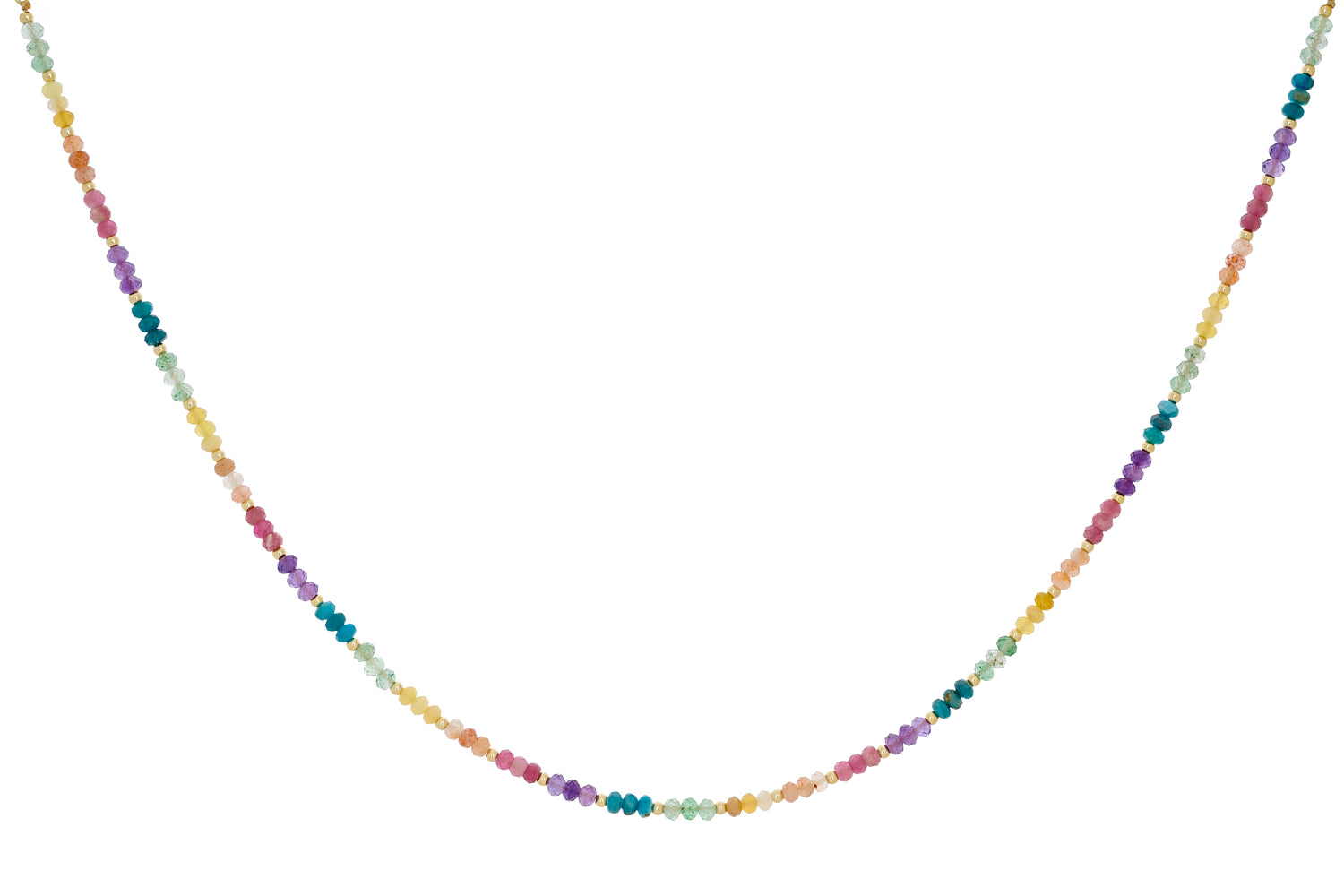 Molly Gold & Rainbow Beaded Gemstone Necklace featuring a dazzling medley of colourful gemstones, polished gold accents, and an adjustable slider closure for versatile wear.