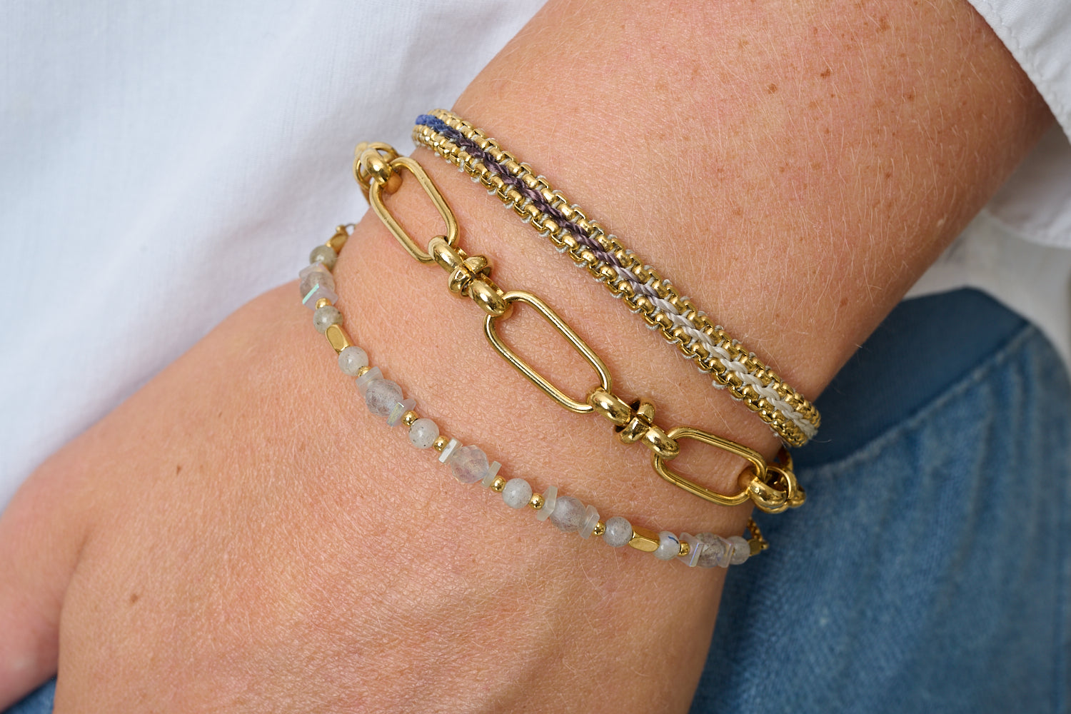 Mordazo Labradorite & Gold Stacking Bracelets, labradorite, gold chain and blue braided trio with adjustable sliders.