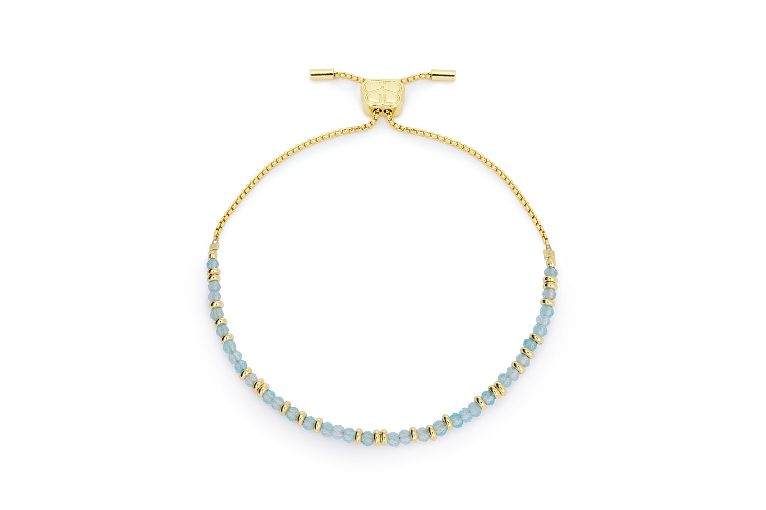 Mystical gold November birthstone bracelet with blue topaz gemstones and adjustable slider chain on white background