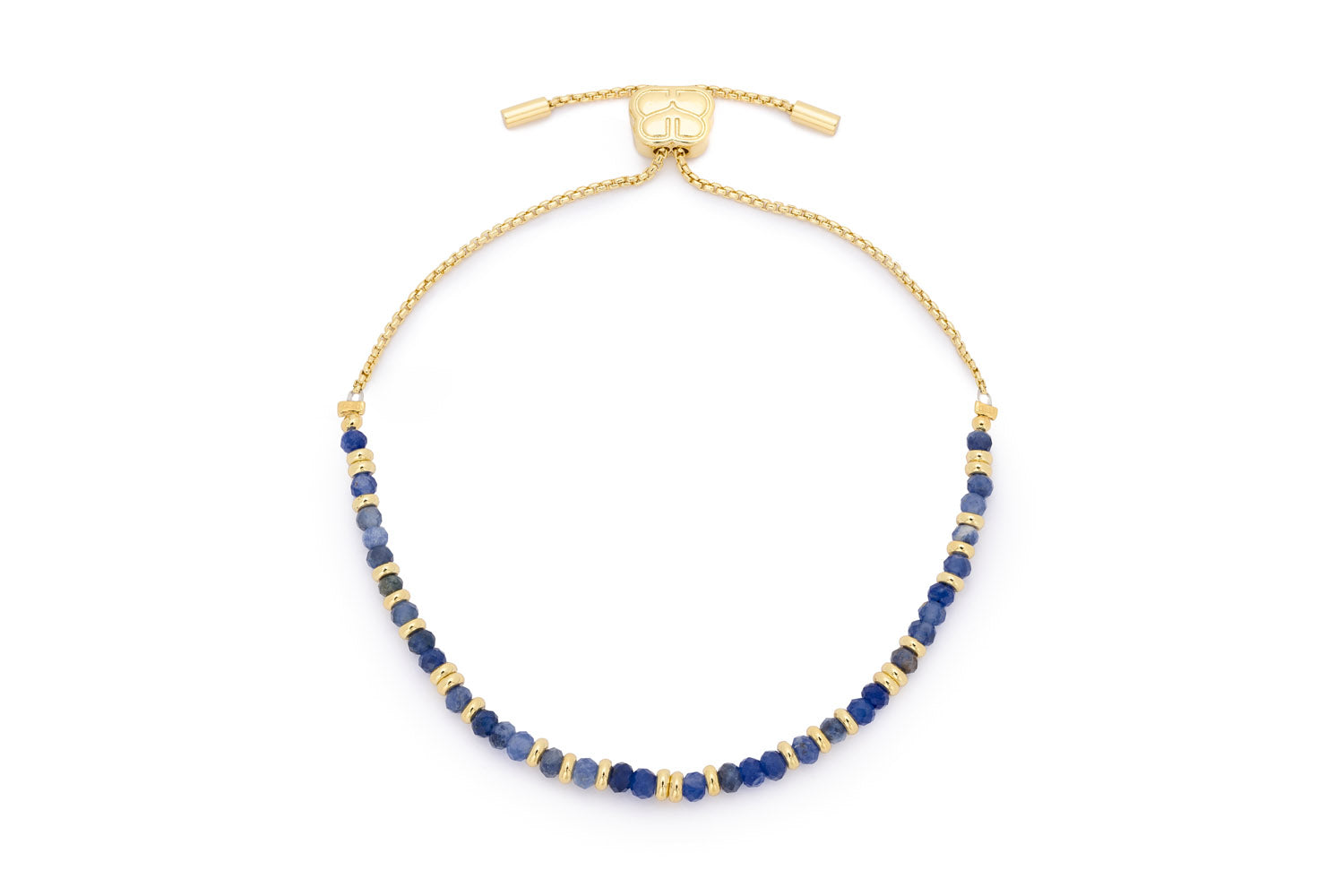 Mystical Sodalite Gold Beaded Slider Bracelet featuring deep blue sodalite beads with 12k gold-plated accents and an adjustable slider design, perfect for adding celestial charm to any outfit.