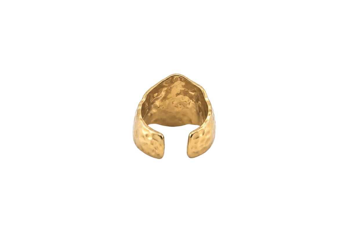 Nahla Gold Adjustable Ring back view, showing the adjustable open band in waterproof 14k Gold PVD stainless steel.
