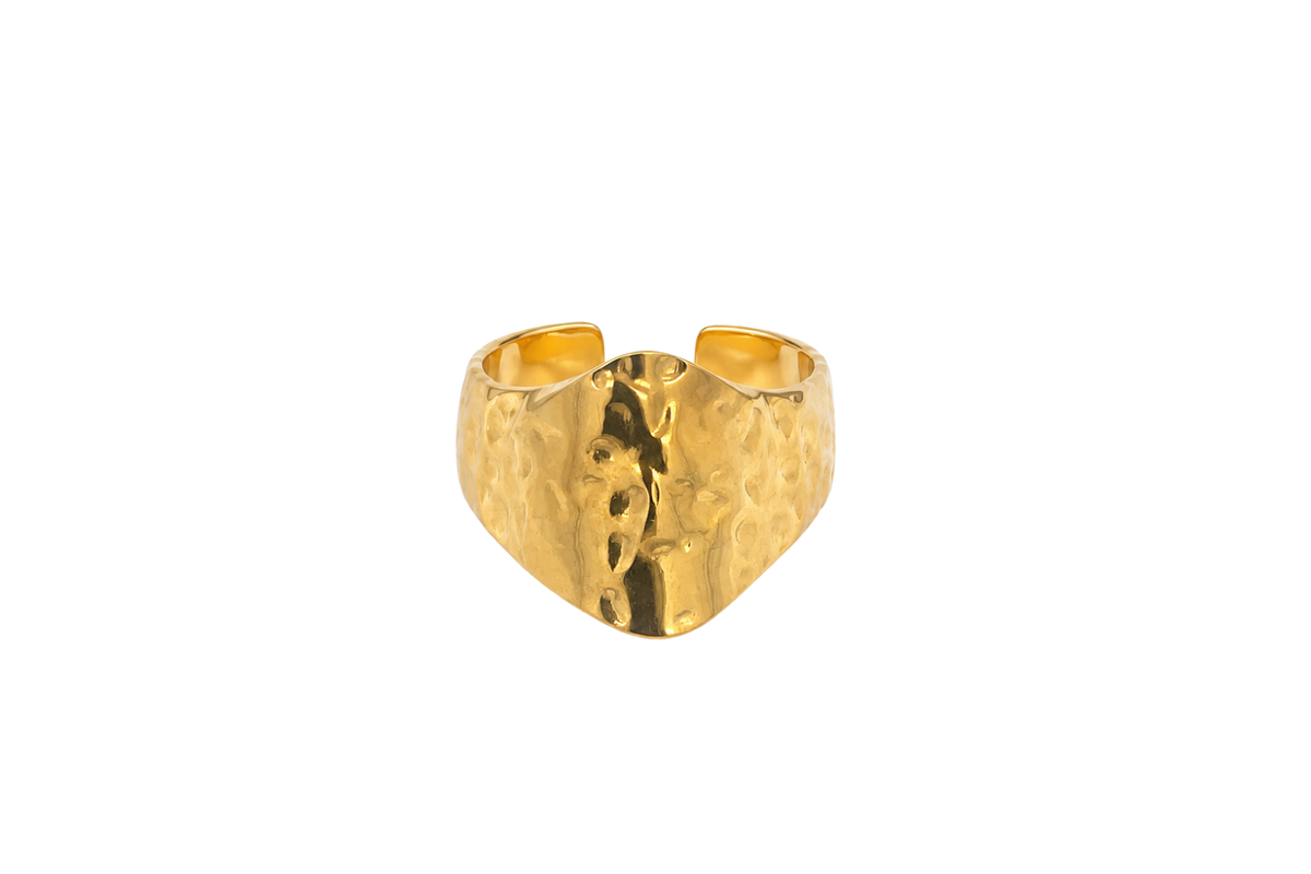 Nahla Gold Adjustable Ring featuring a hammered organic finish in waterproof 14k Gold PVD stainless steel with an adjustable open band.
