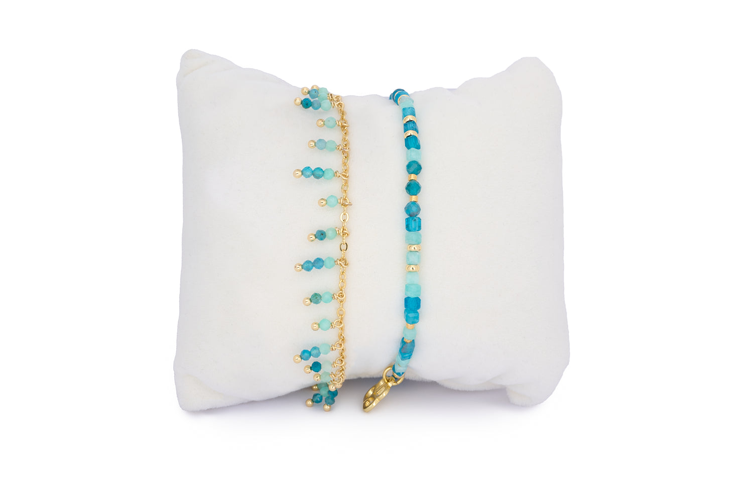 Navagio Amazonite & Apatite Gold Bracelet Stack featuring two gold-accented bracelets with ocean-toned beads in turquoise, teal, and aqua.