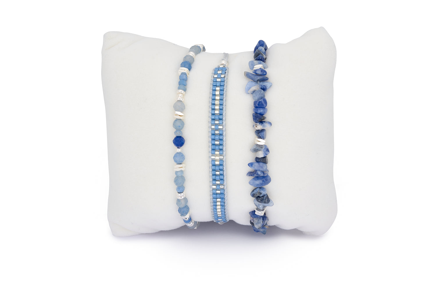 Naviti Blue Aventurine Silver Bracelet Stack featuring calming Blue Aventurine gemstones, Denim Blue Miyuki beads, and shimmering silver-plated accents for a peaceful and elegant look.