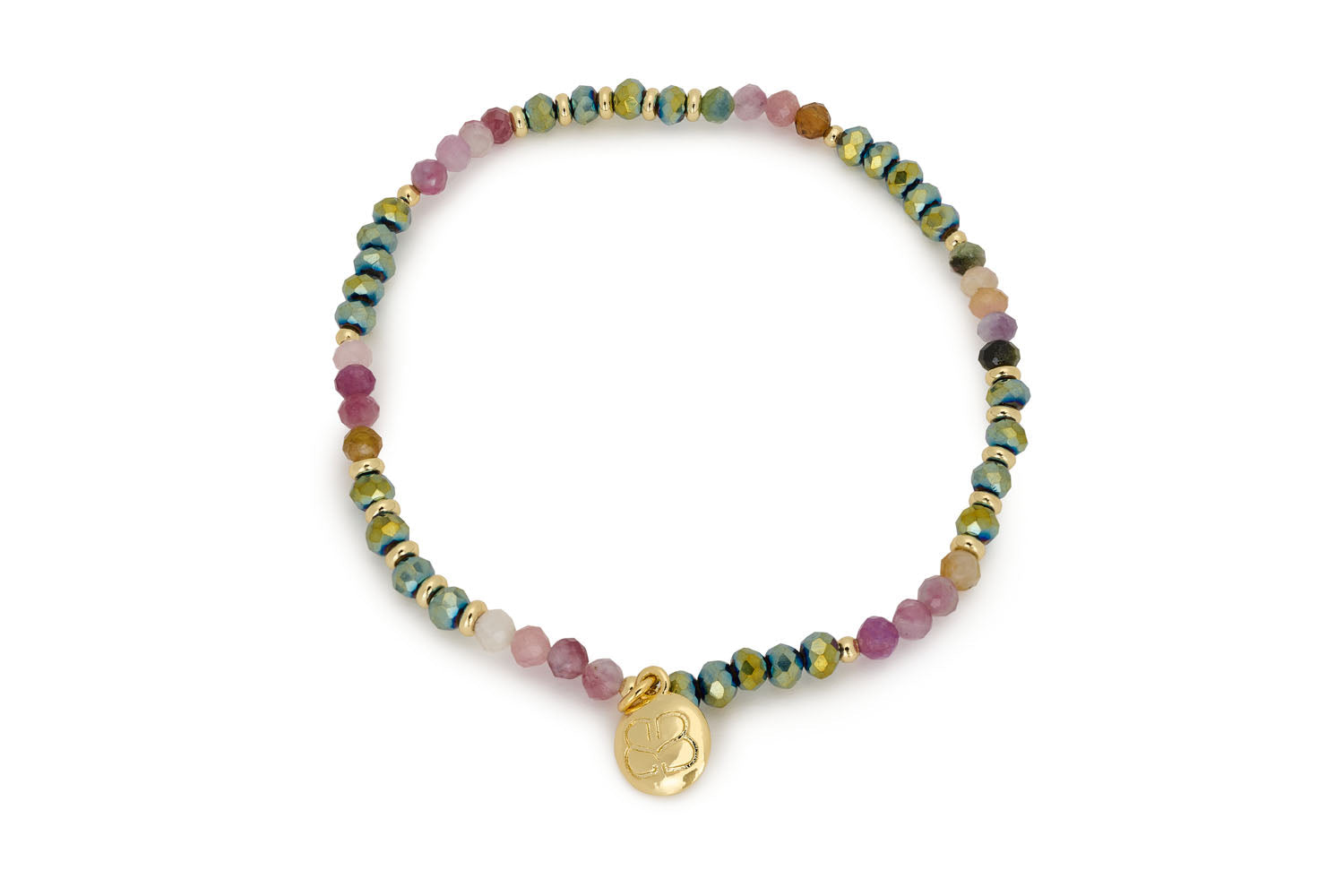 Olive Tourmaline & Gold Stretch Bead Bracelet - waterproof PVD