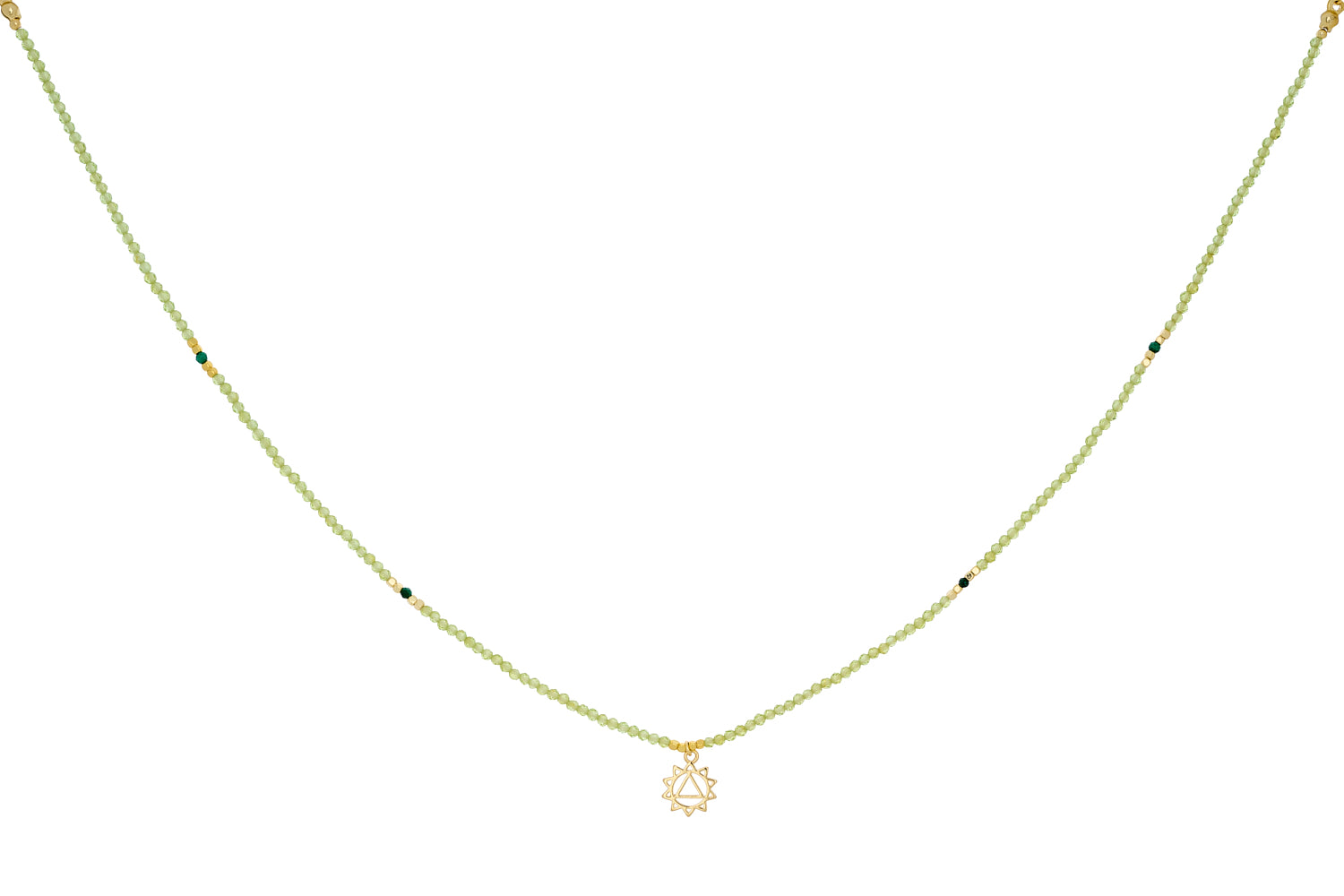 Peridot and Malachite Gold Solar Plexus Chakra Necklace featuring radiant green peridot and deep malachite gemstones with 12k gold-plated accents for confidence and motivation.