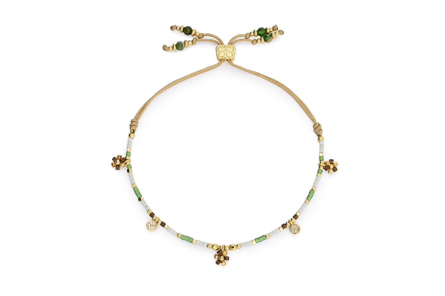 Rania White Green & Gold Beaded Friendship Bracelet with green and ivory Miyuki beads, floral details, and adjustable golden slider.