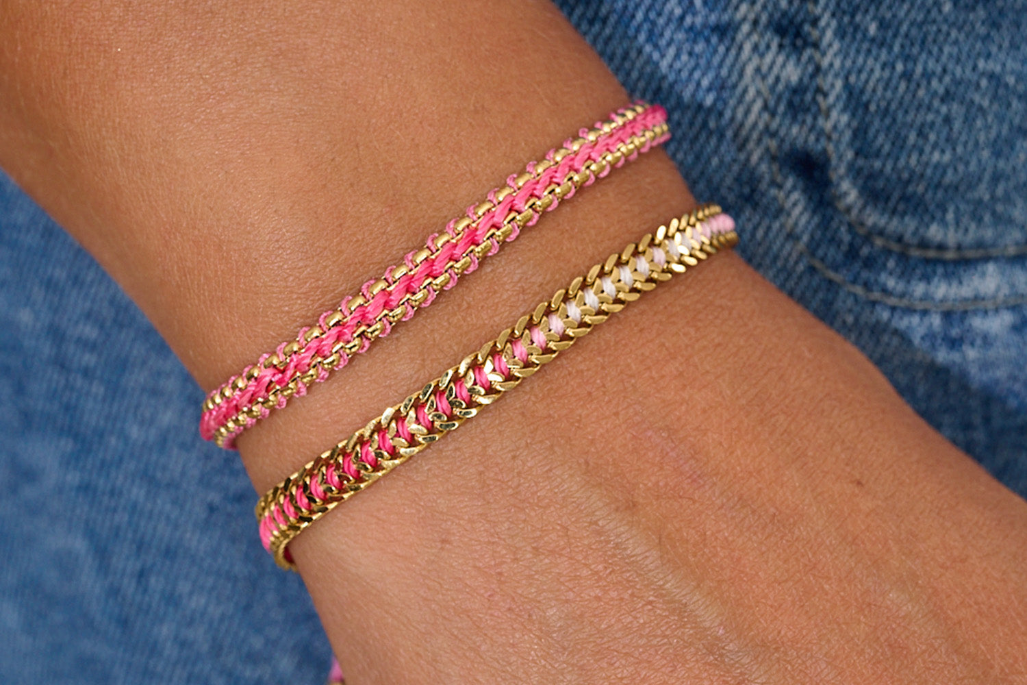 Redang Pink & Gold Bracelet Stack with Bloom snake-chain braid and Athena curb-chain braid, pink ombré thread, 14k PVD gold, adjustable sliders