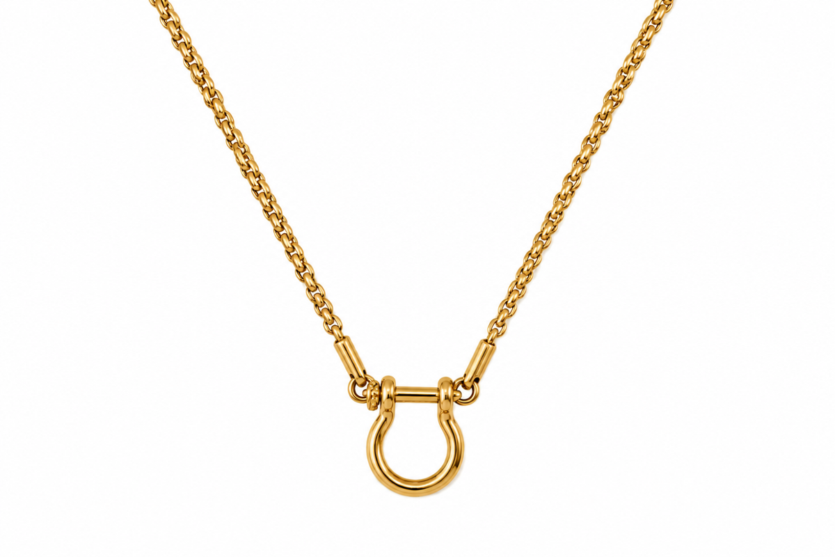 Rosalind Gold Charm Carrier Necklace featuring a polished horseshoe-shaped charm carrier on a waterproof 14k Gold PVD stainless steel statement chain.