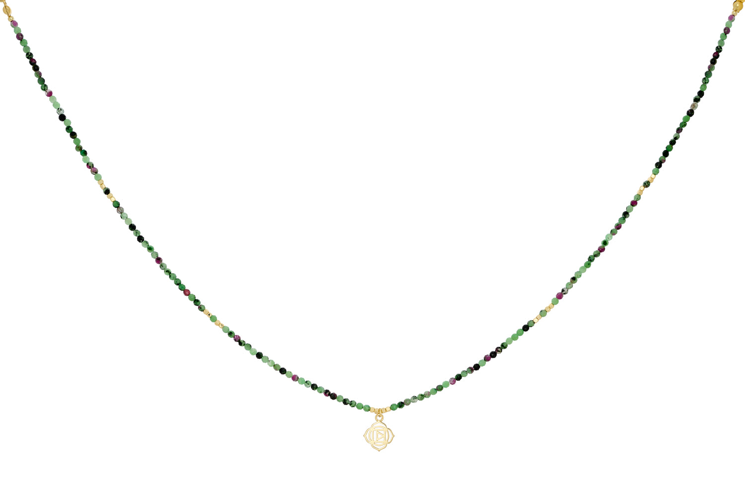 Ruby Zoisite Gold Root Chakra Necklace featuring rich ruby and earthy zoisite gemstones with 12k gold-plated accents for grounding, passion, and resilience.