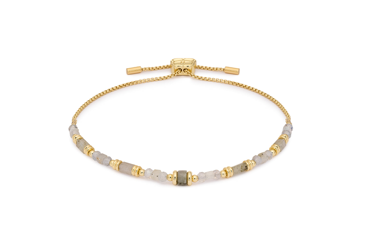 Salma Labradorite & Gold Friendship Bracelet featuring faceted labradorite gemstones with 12k gold-plated brass accents and adjustable slider fit up to 26cm.