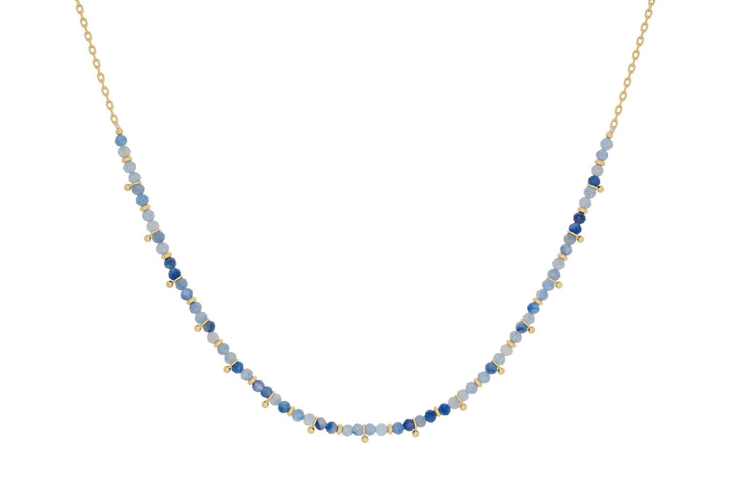 Salus Blue Aventurine Gold Necklace featuring radiant blue aventurine gemstones and a luxurious gold-plated finish, perfect for layering or wearing solo.