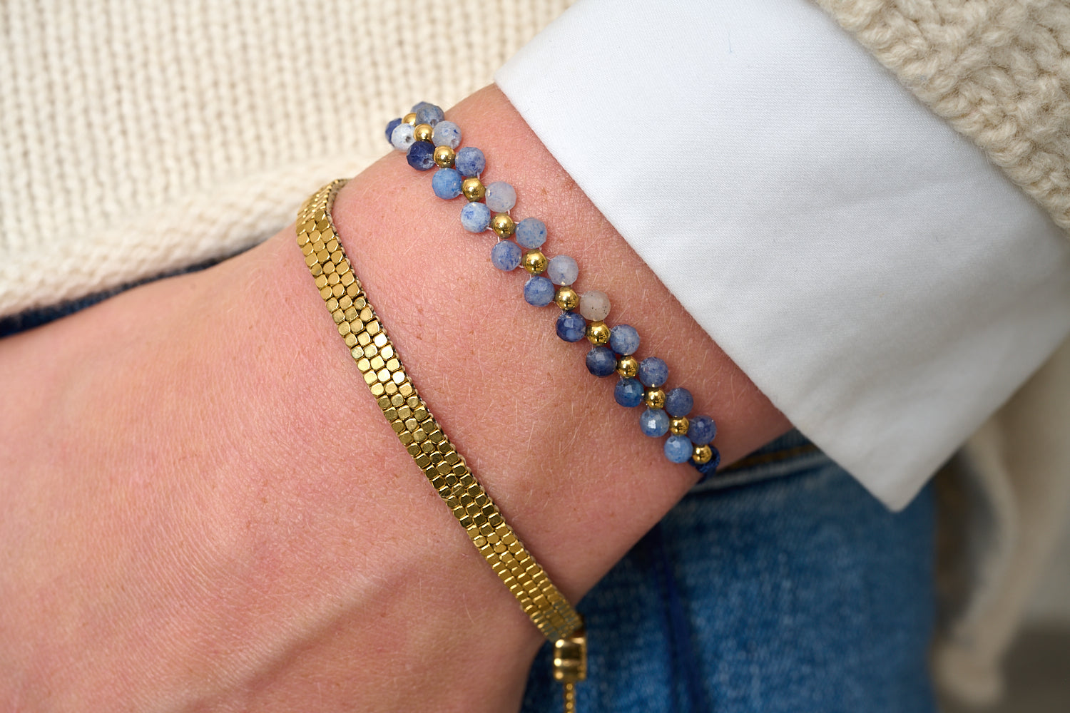Samay Blue Aventurine & Gold Bracelet Stack styled on wrist with Boho Betty coastal bracelet layers
