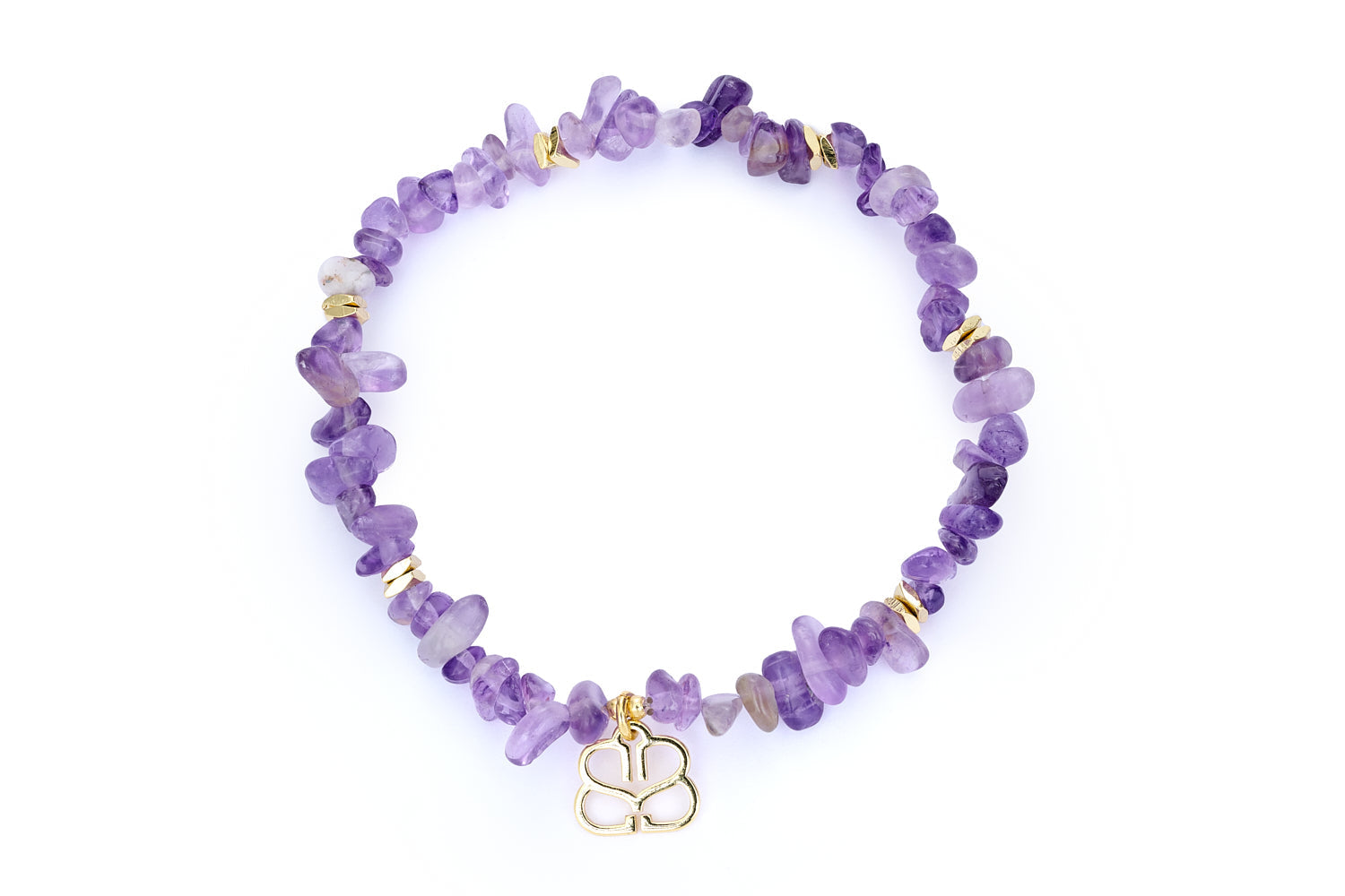 Sana Gold & Amethyst Bracelet featuring natural amethyst gemstones, waterproof gold PVD stainless steel accents and a comfortable stretch fit design.