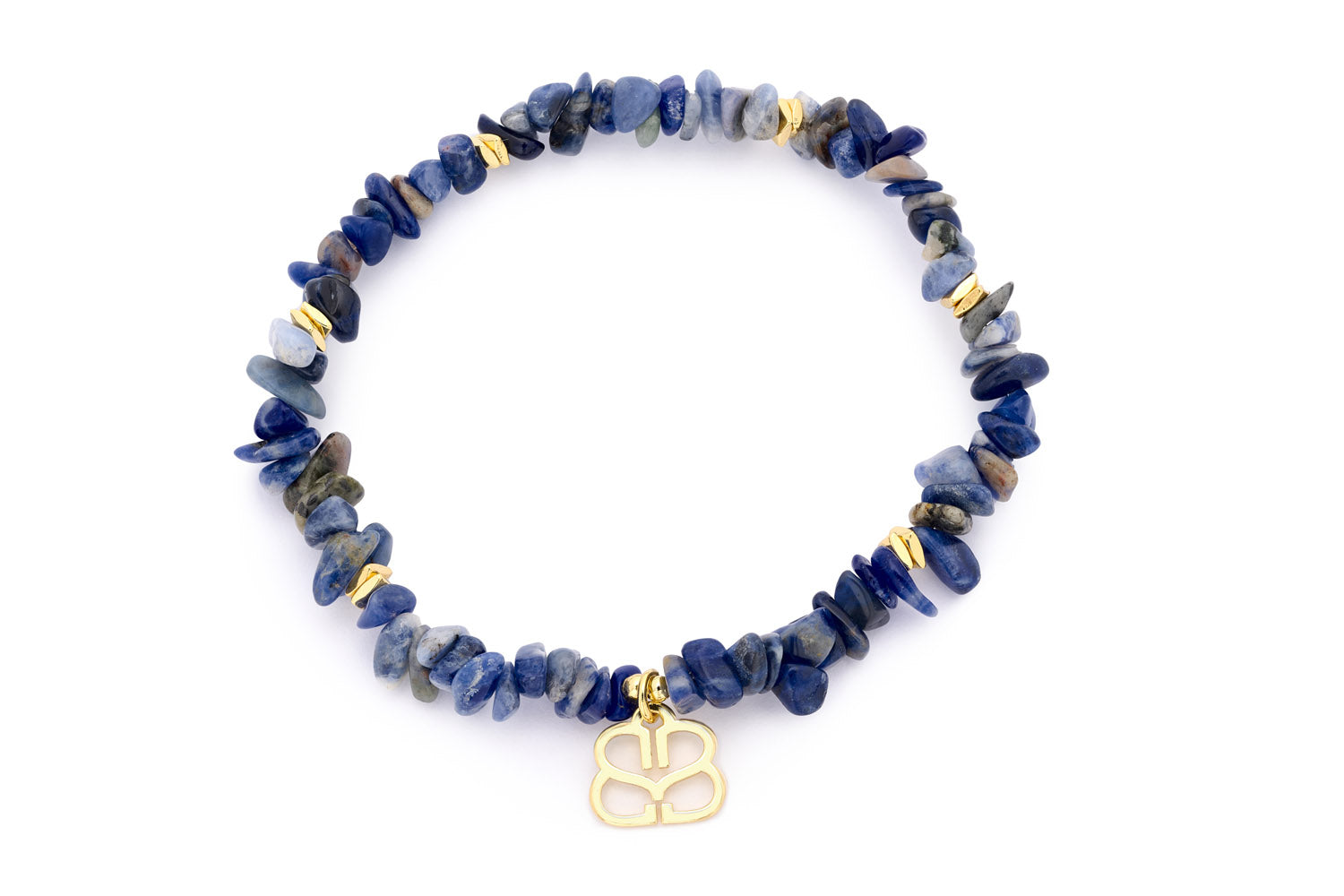 Sana Gold Beaded Sodalite Crystal Bracelet featuring deep blue sodalite stones and 12k gold-plated accents, with a flexible stretch design for a comfortable fit.