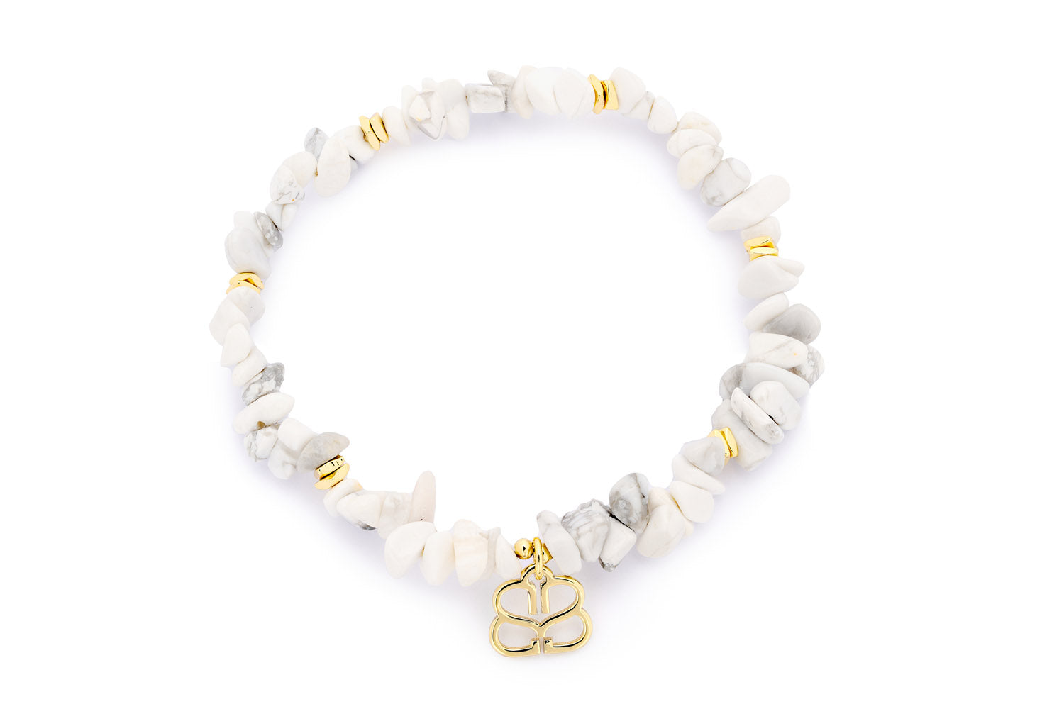 Sana Gold Beaded White Howlite Crystal Bracelet featuring natural white howlite gemstones and 12k gold-plated accents, with a flexible stretch design for a comfortable fit.