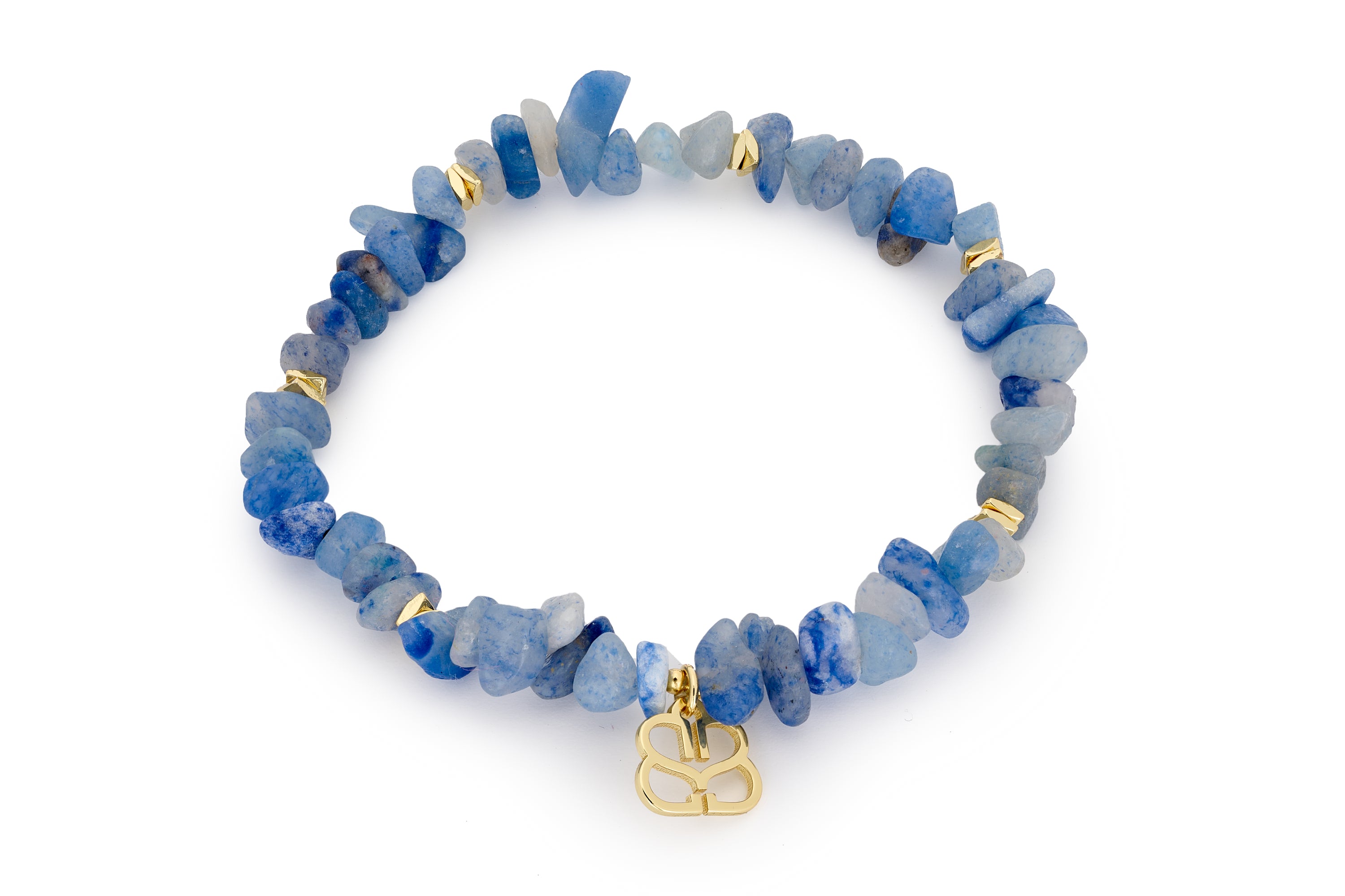 Sana Gold & Blue Aventurine Crystal Bracelet featuring natural blue aventurine chips and luxurious gold-plated accents with a Boho Betty logo charm, designed for comfort and style.