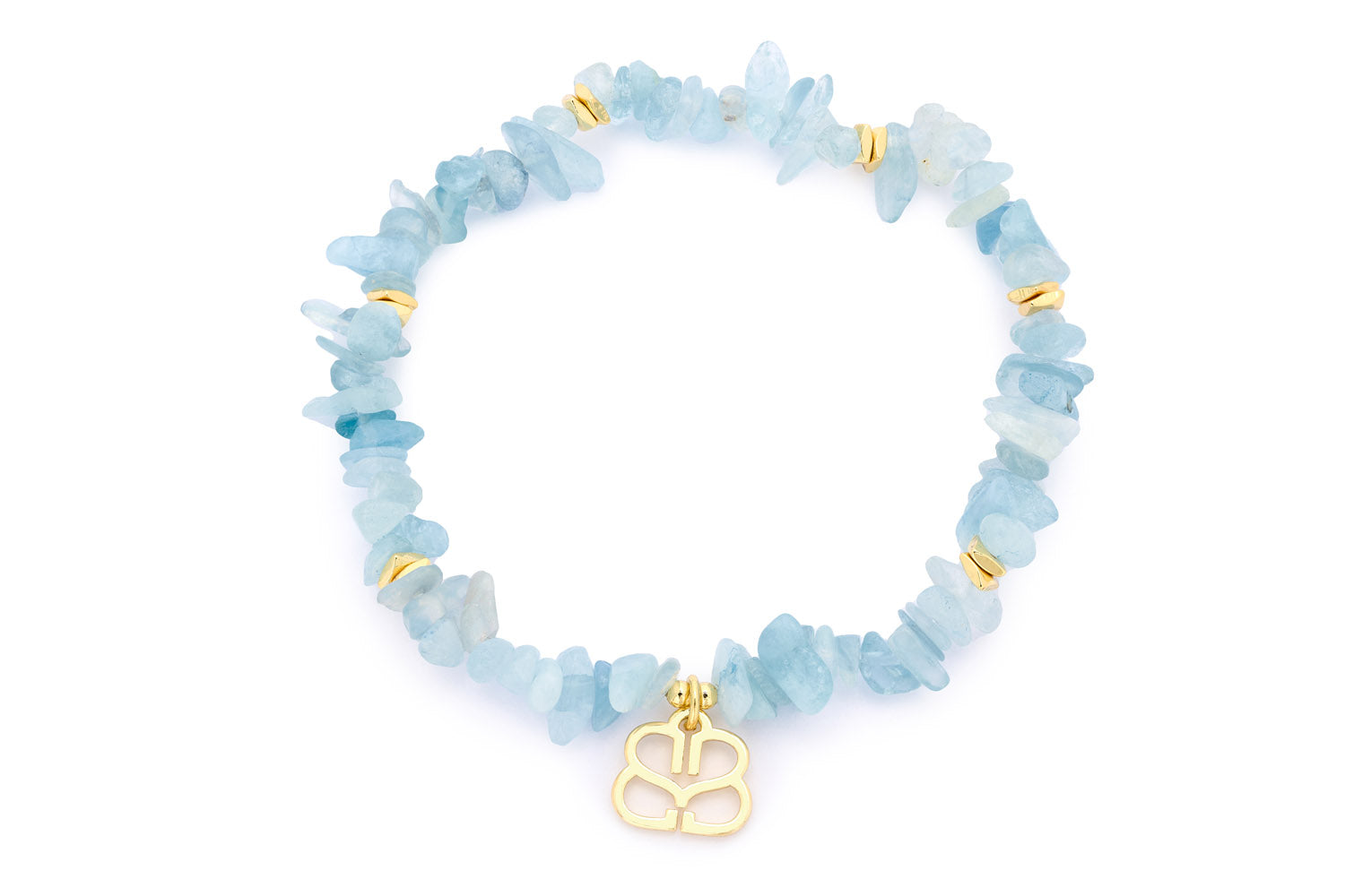 Sana Gold Stretch Beaded Aquamarine Crystal Bracelet featuring natural aquamarine gemstones and 12k gold-plated accents, with a flexible stretch design for a comfortable fit.