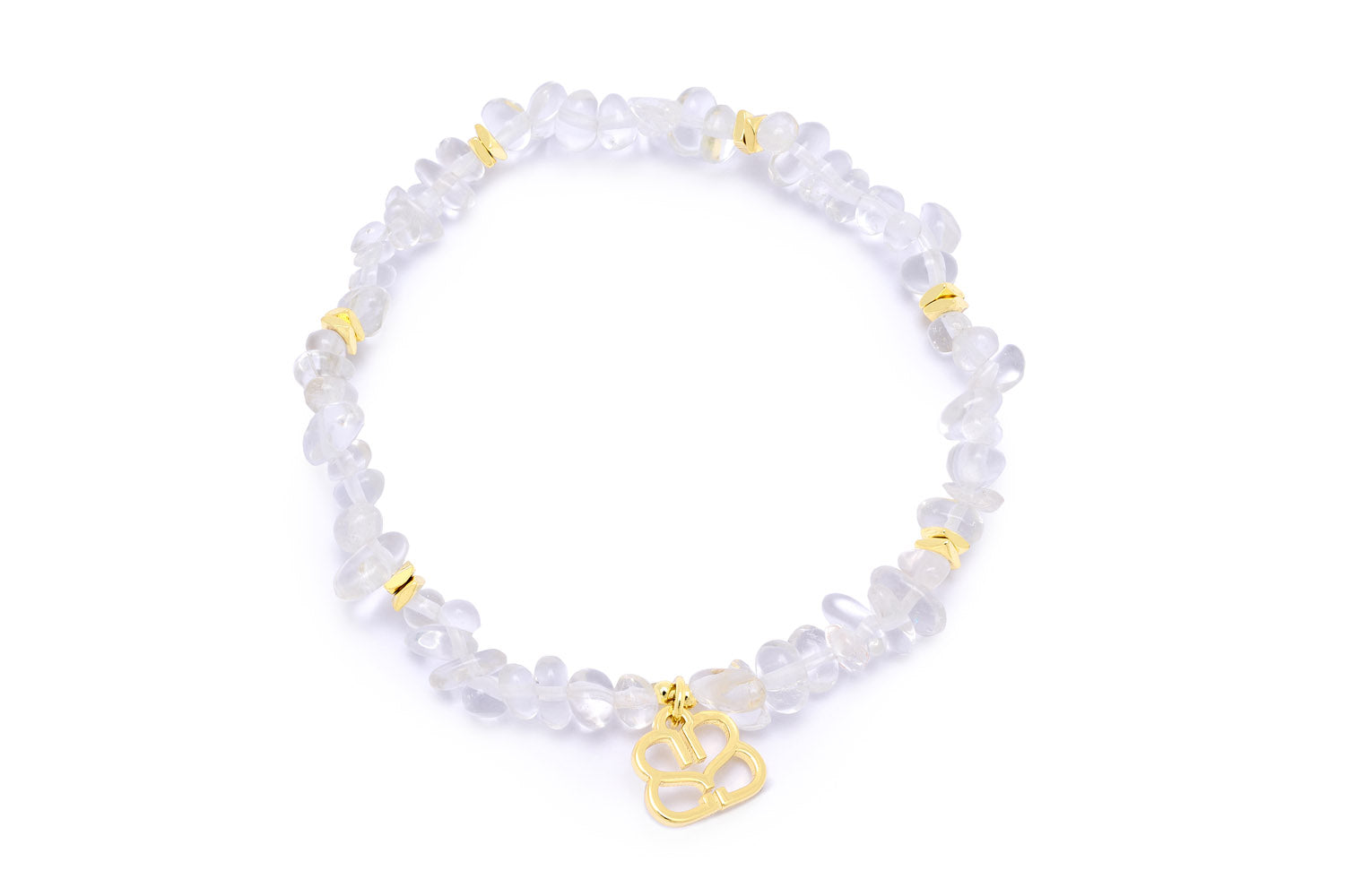 Sana Gold Stretch Beaded Rock Crystal Bracelet featuring natural rock crystal gemstones and 12k gold-plated accents, with a flexible stretch design for a comfortable fit.