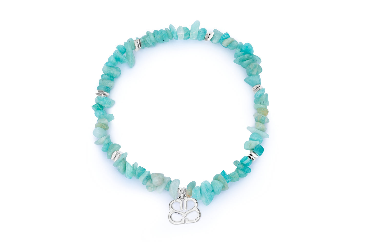 Sana Silver & Amazonite Crystal Bracelet featuring natural amazonite gemstones, waterproof silver PVD stainless steel accents and a comfortable stretch fit design.