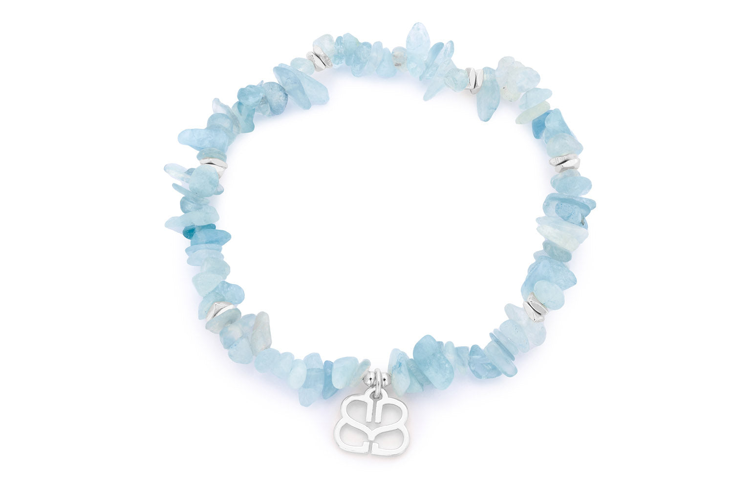 Sana Silver Stretch Beaded Aquamarine Crystal Bracelet with natural aquamarine chips and silver-plated accents, featuring a flexible stretch design for a comfortable fit.