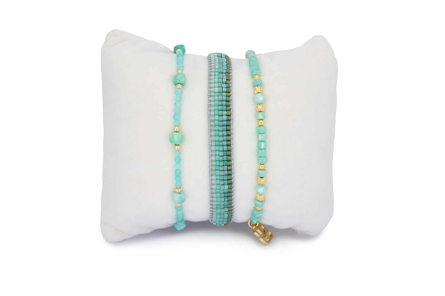 Savaii Turquoise & Amazonite Bracelet Stack featuring calming Amazonite beads, aqua faceted glass, and gold accents in a layered beachy bracelet trio.