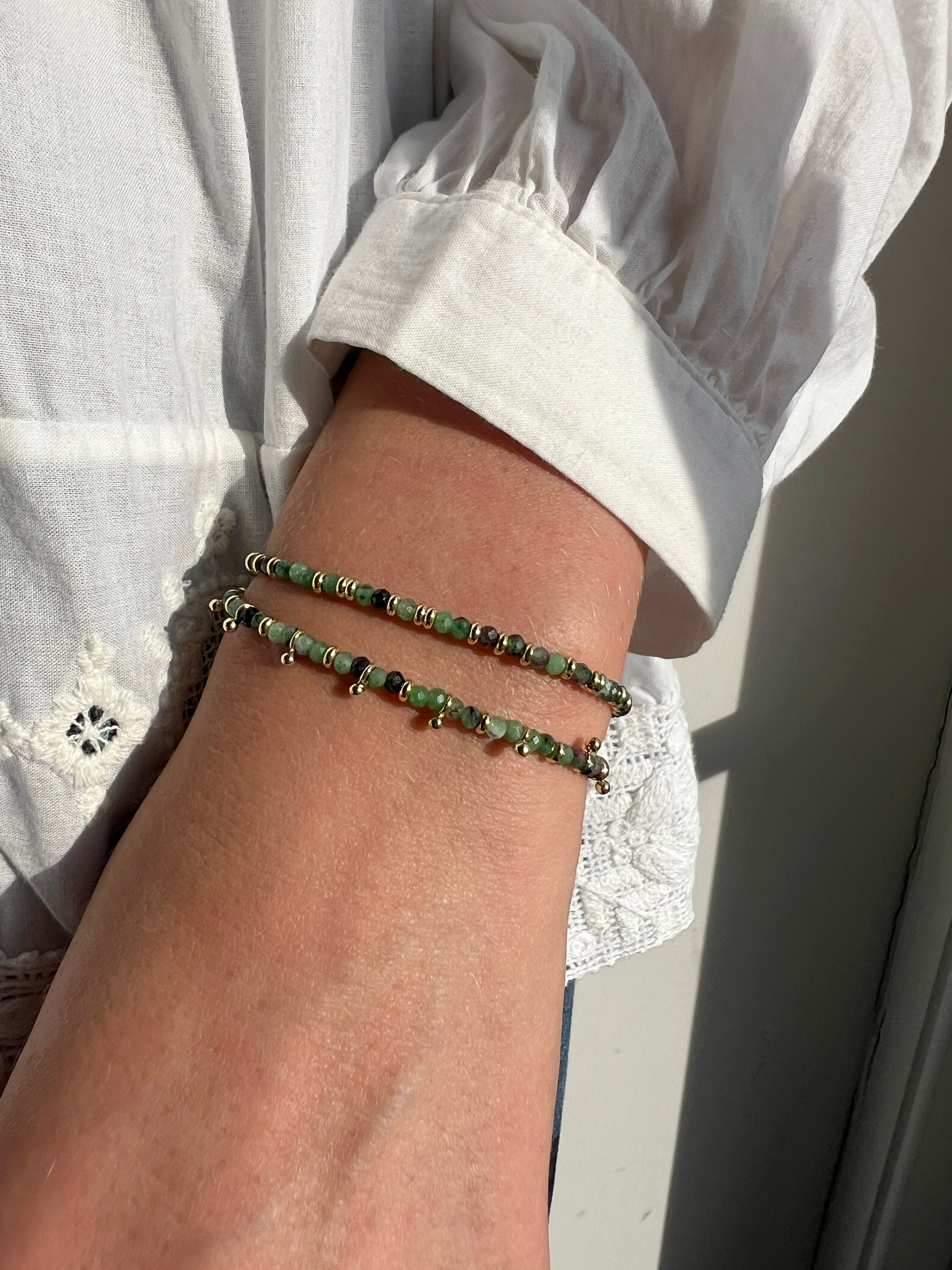 Serenity Ruby Zoisite Bracelet Stack styled with soft pinks and greens, layered with other boho gold jewellery—ideal for soulful gifts and everyday growth.