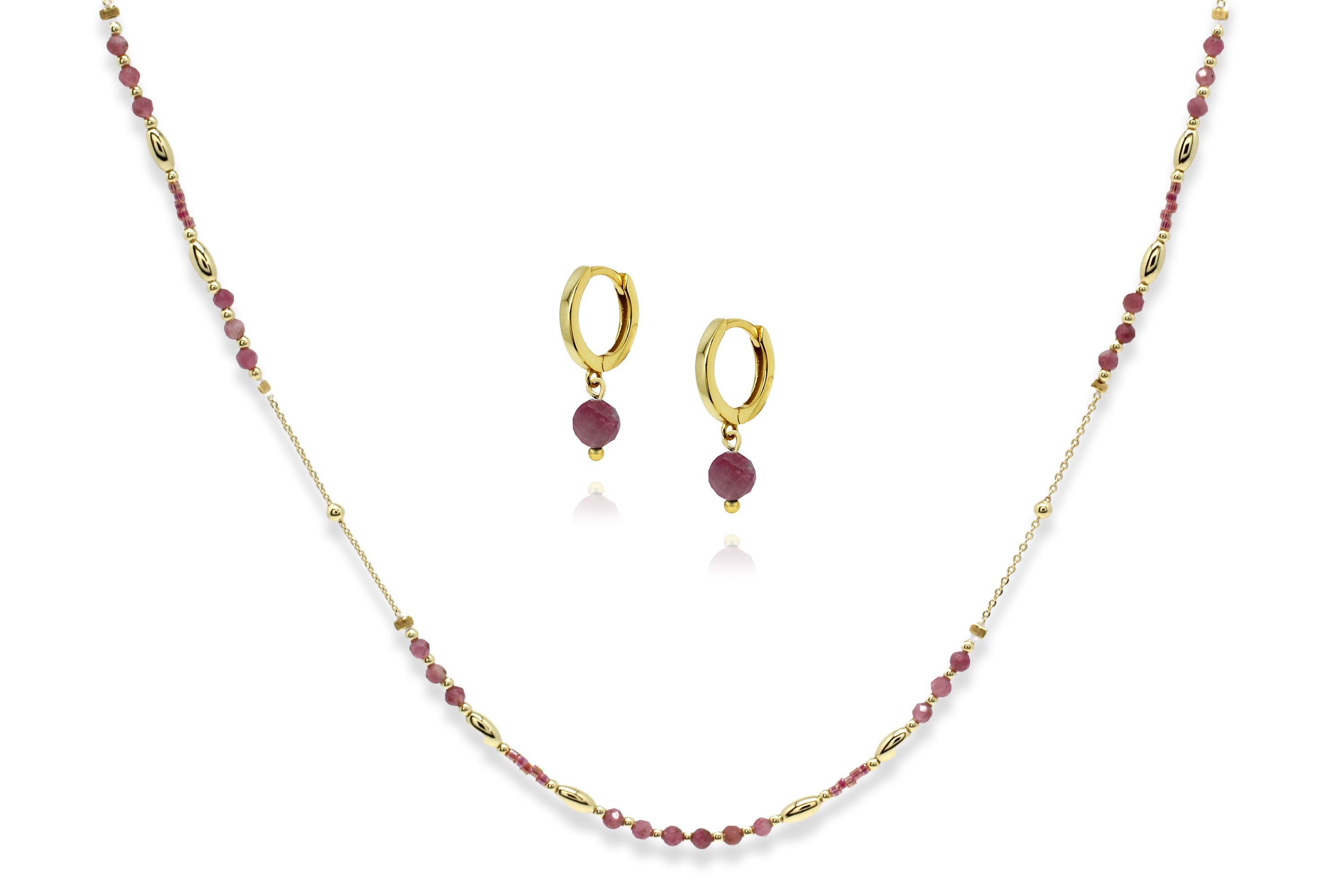 Horus Gemstone Gold Necklace & Earring Gift Set Pink Tourmaline