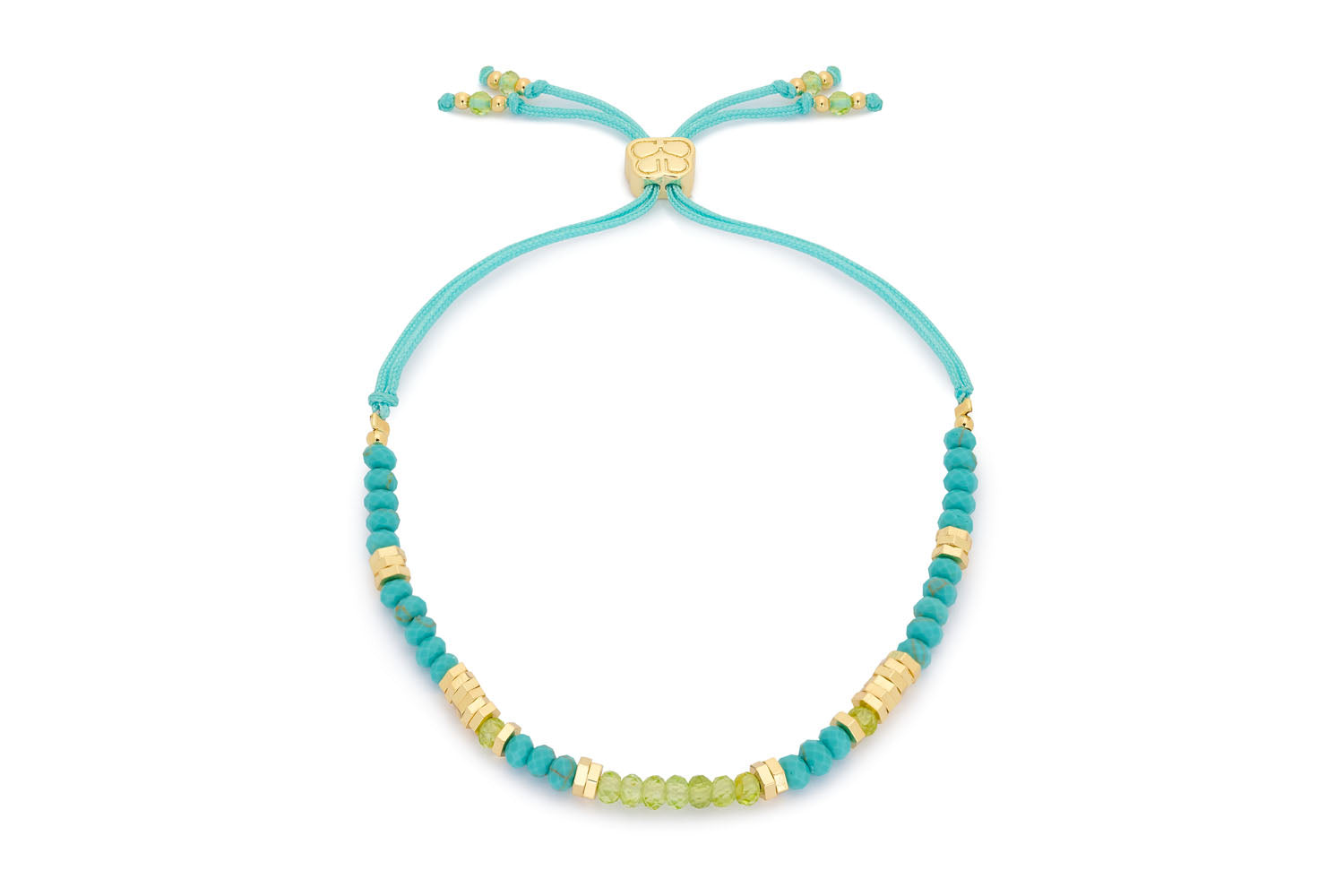 Spirea Gold Peridot & Turquoise Beaded Bracelet featuring turquoise howlite and peridot gemstones, with 12k gold-plated accents and an adjustable slider.