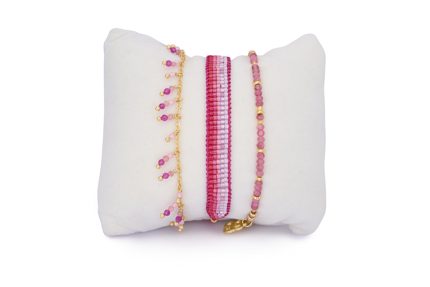 Tangsi Pink Tourmaline & Gold Bracelet Stack featuring natural pink gemstones, gold accents, and boho-luxe styling for a radiant, joyful look.