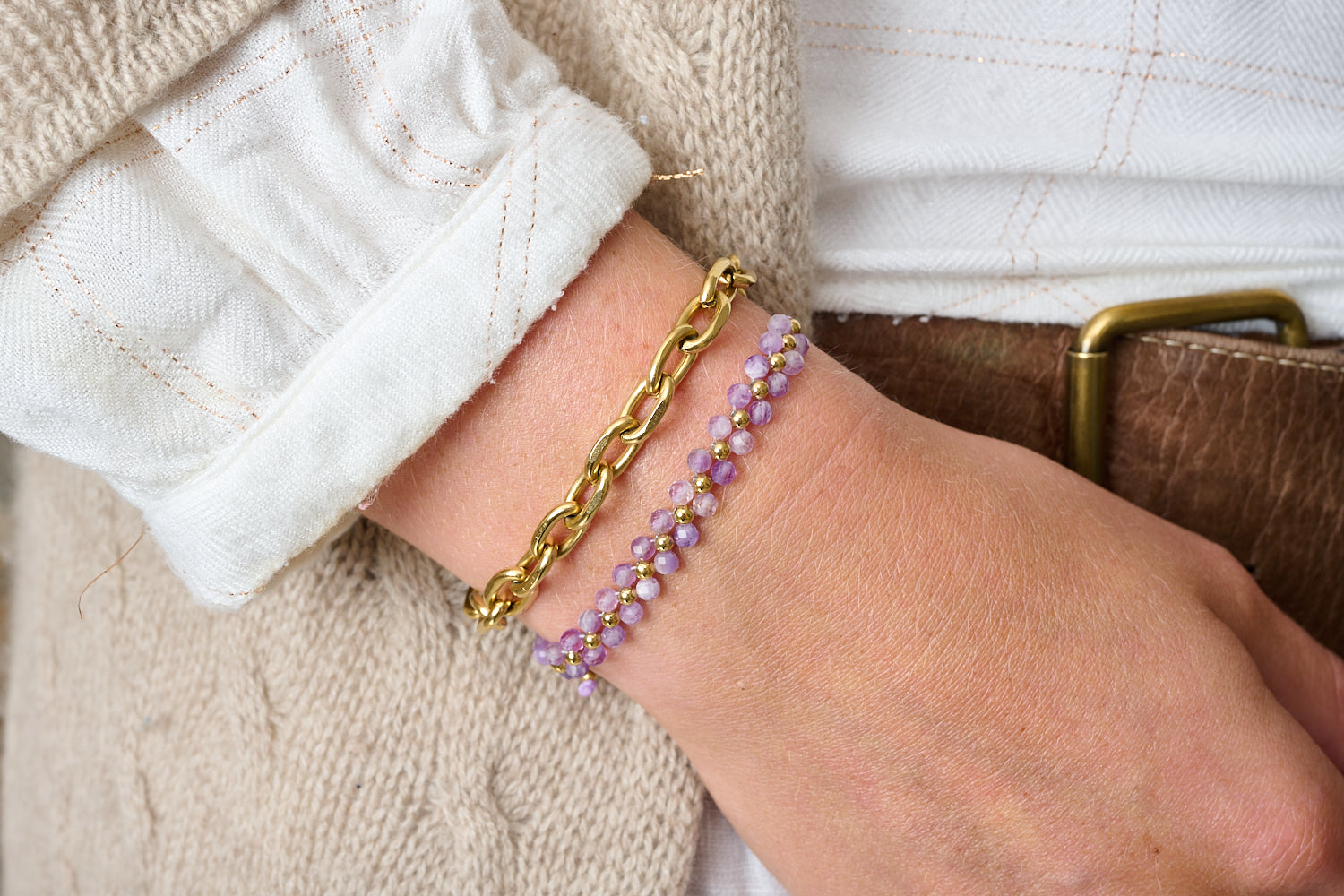 Tanna amethyst gold bracelet stack, lilac gemstone beaded bracelet with bold gold oval-link chain and adjustable slider fit