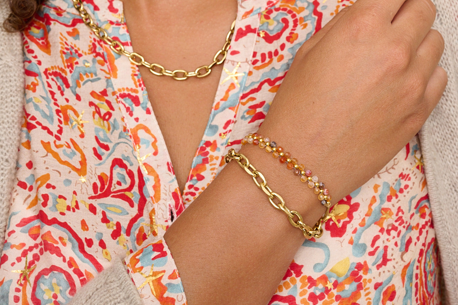 Tanna Orange Agate & Gold Bracelet Stack featured on wrist with Boho Betty stacking bracelets, cosy autumn styling