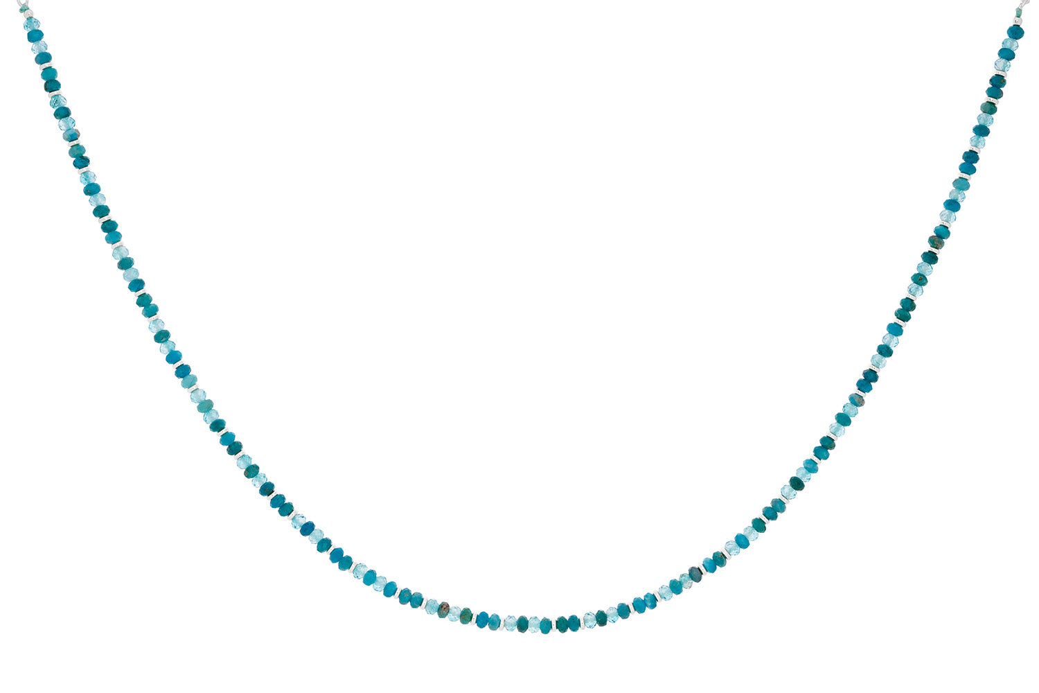 Tansy Blue Topaz and Apatite Silver Bead Necklace featuring calming Blue Topaz and vibrant apatite gemstones with a silver-plated BB filigree charm, designed as an adjustable necklace.