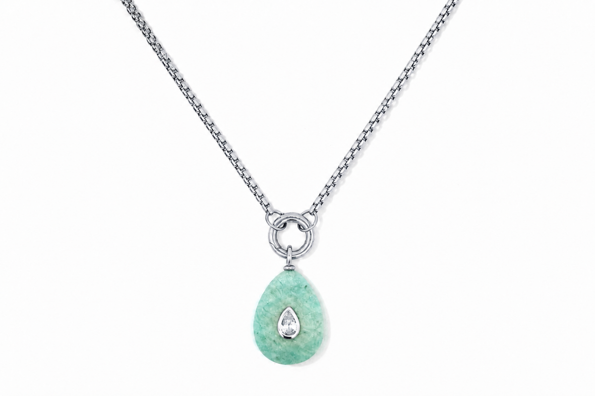 Thalia Long Amazonite Teardrop Pendant Necklace featuring a polished amazonite gemstone with a sparkling crystal on a waterproof stainless steel chain.