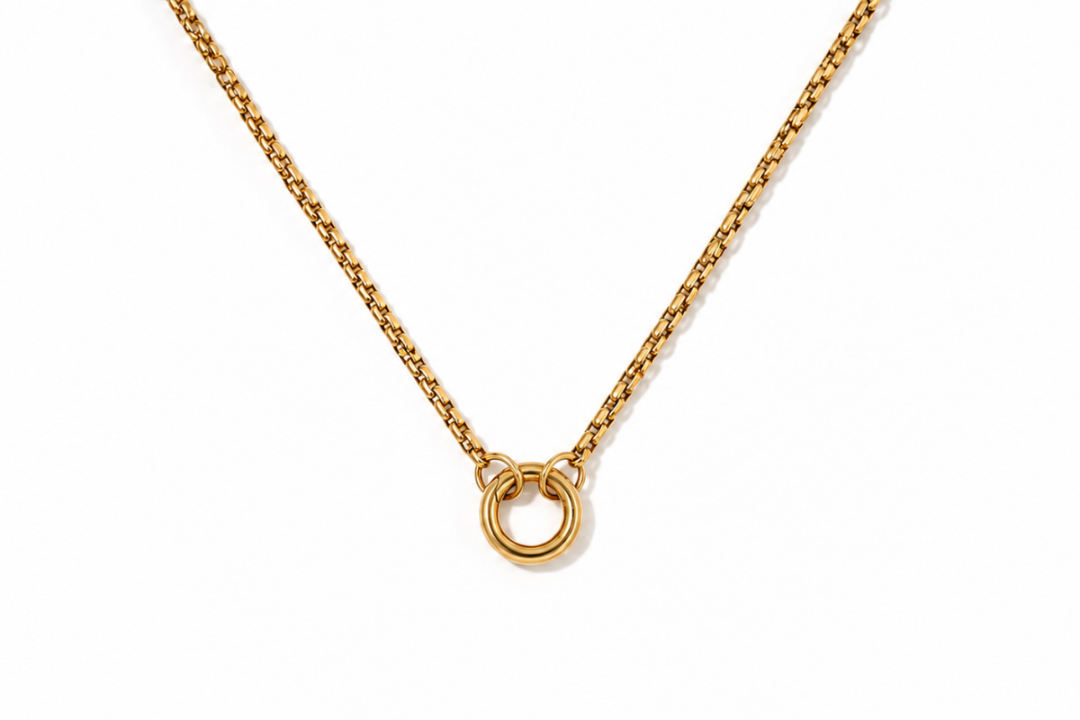 Thalia long gold chain necklace with front charm carrier ring, waterproof gold layering necklace