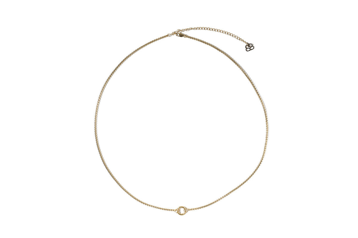 Thalia long gold chain necklace with front charm carrier ring, waterproof gold layering necklace