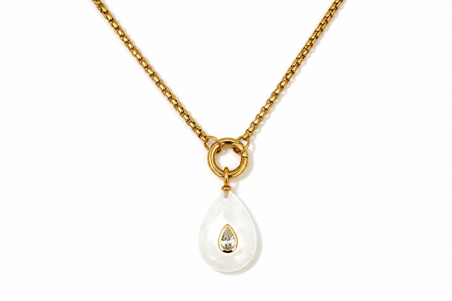 Thalia Long Clear Quartz Teardrop Pendant Necklace featuring a clear quartz gemstone with a sparkling crystal on a waterproof 14k gold PVD chain.