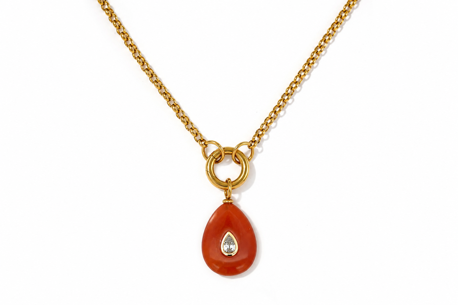 Thalia Long Red Aventurine Teardrop Pendant Necklace featuring a red aventurine gemstone with a sparkling crystal on a waterproof 14k gold PVD chain.