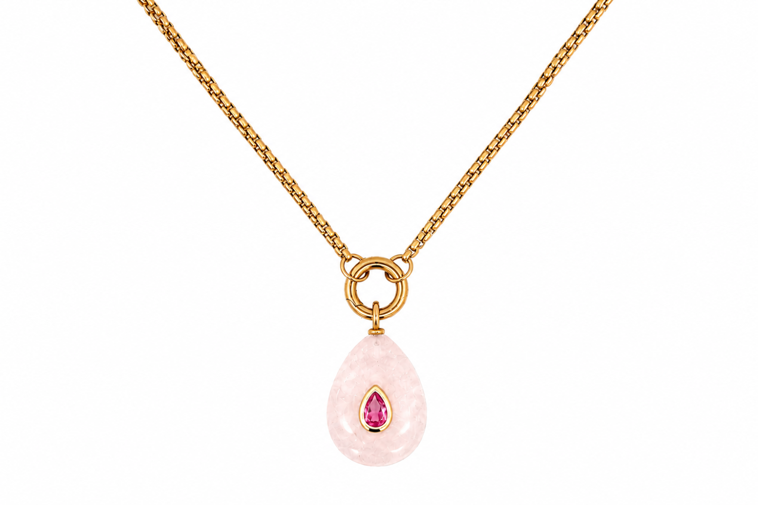 Thalia Long Rose Quartz Teardrop Pendant Necklace worn with a rose quartz pendant on a long waterproof 14k gold PVD chain for elegant layered styling.
