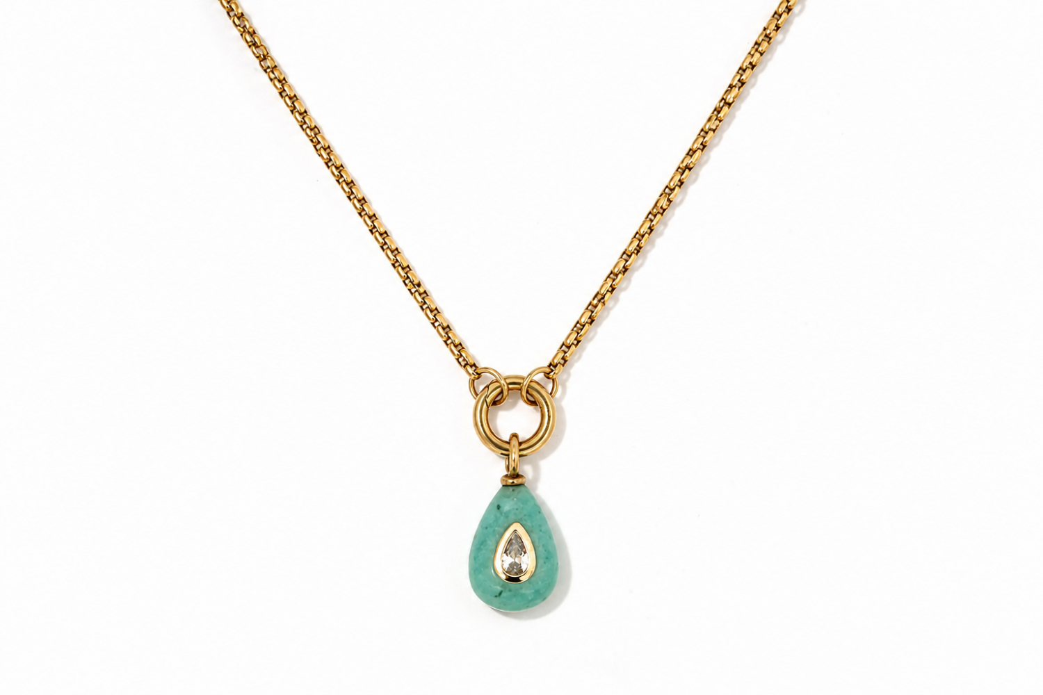 Thalia Short Amazonite Teardrop Pendant Necklace featuring a polished amazonite gemstone with a sparkling crystal on a waterproof 14k gold PVD chain.
