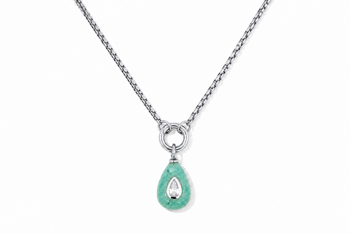 Thalia Short Amazonite Teardrop Pendant Necklace featuring a polished amazonite gemstone with a sparkling crystal on a waterproof stainless steel chain.