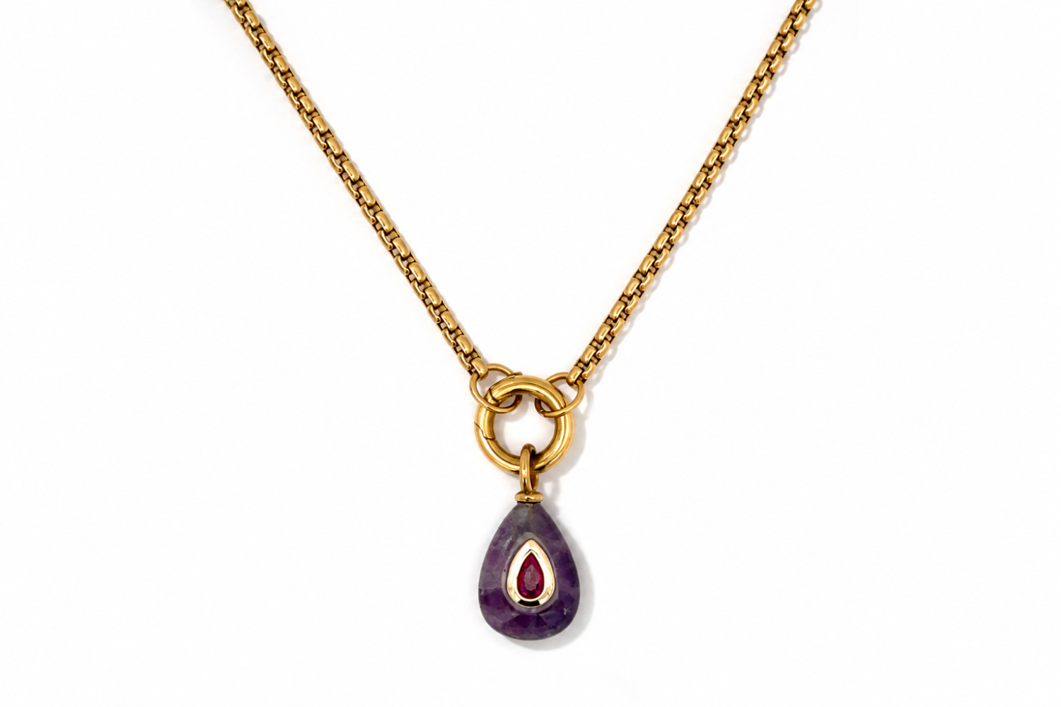 Thalia Short Amethyst Teardrop Pendant Necklace featuring a natural amethyst gemstone with a ruby-coloured crystal on a waterproof 14k gold PVD chain.