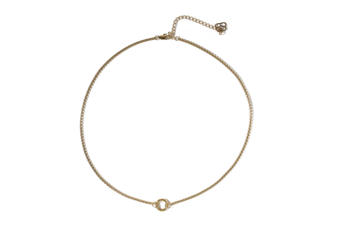 Thalia short gold chain necklace with central ring detail, minimal waterproof gold necklace for layering add your own charms