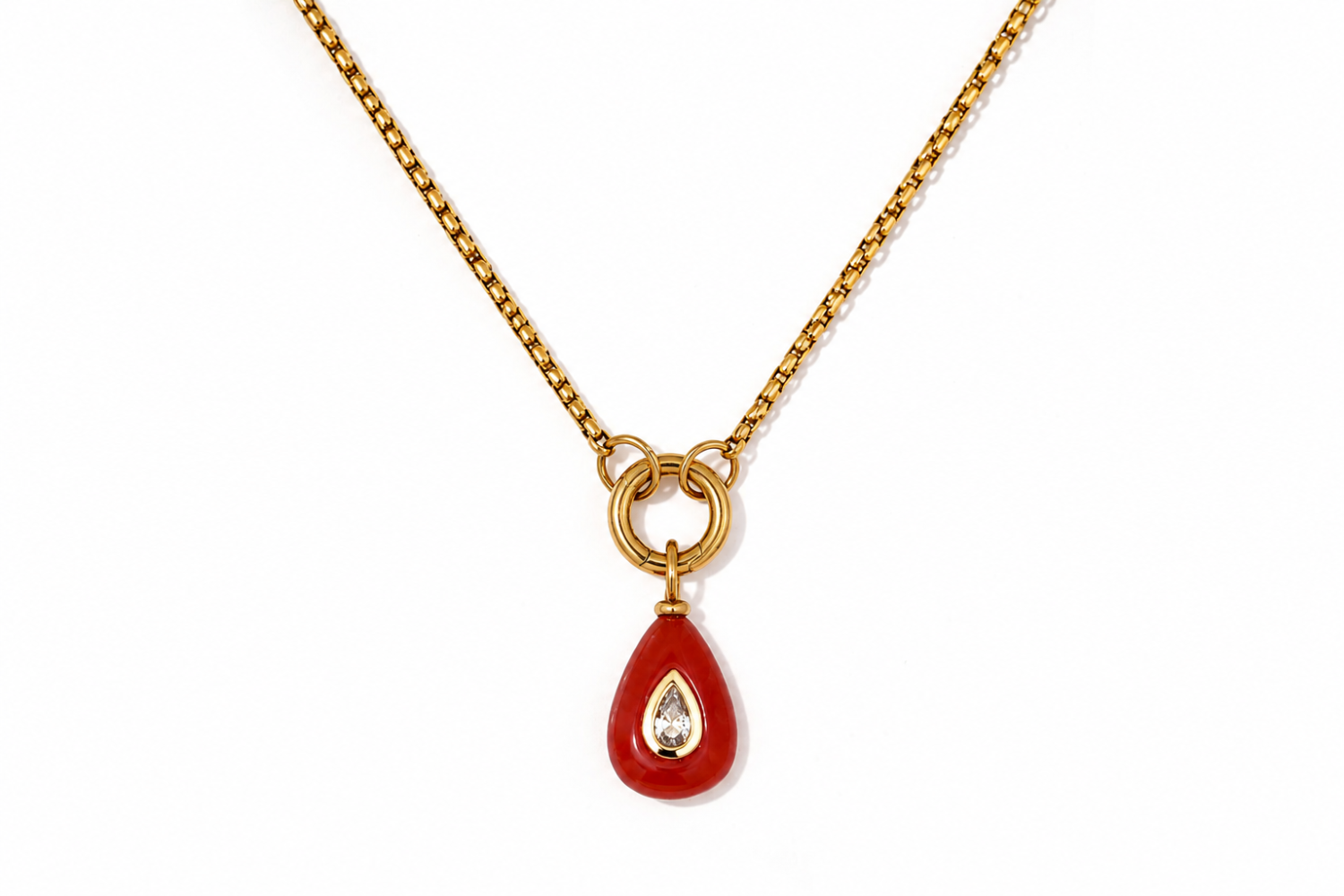Thalia Short Red Aventurine Teardrop Pendant Necklace featuring a red aventurine gemstone with a sparkling crystal on a waterproof 14k gold PVD chain.