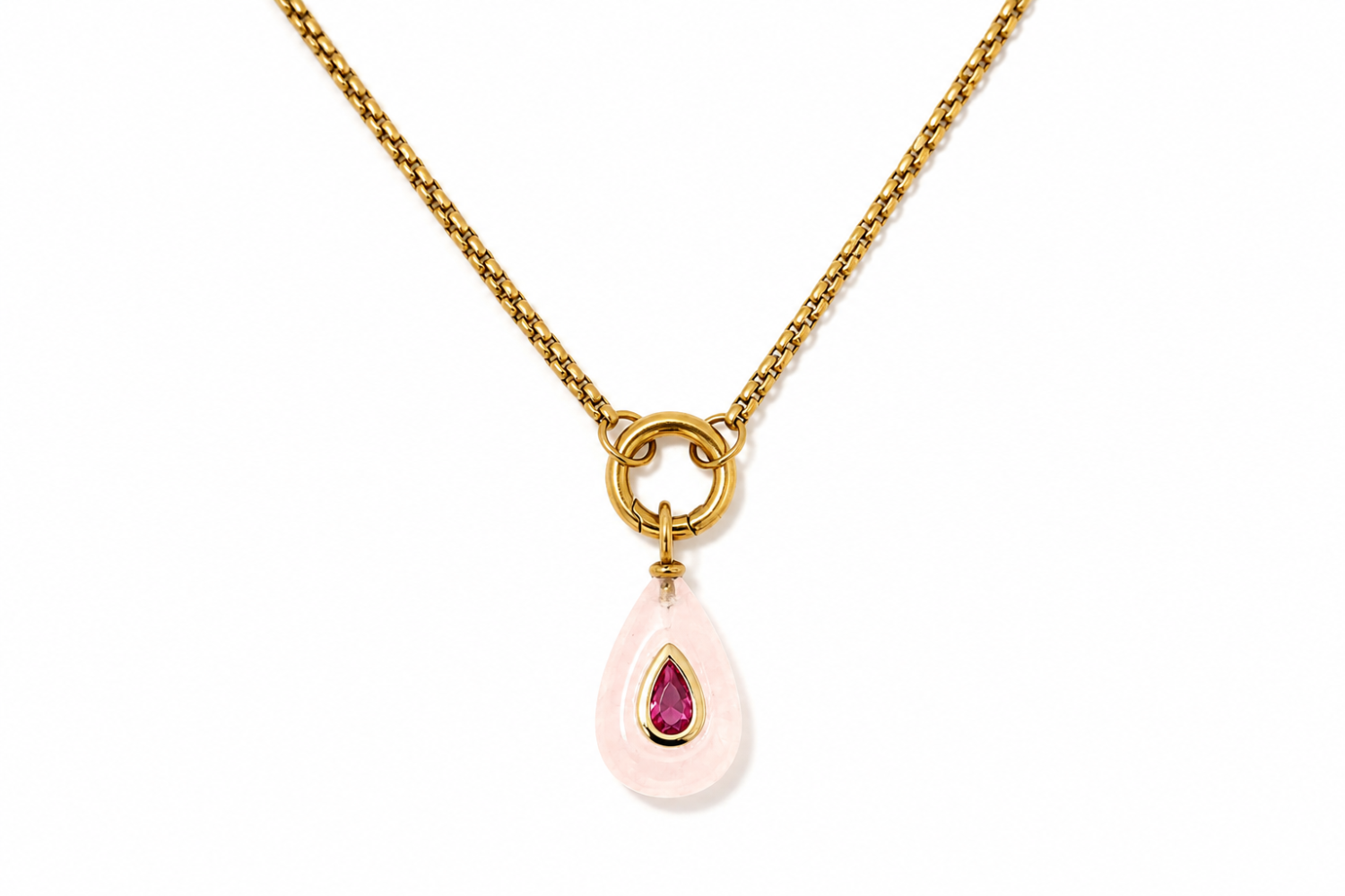 Thalia Short Rose Quartz Teardrop Pendant Necklace featuring a rose quartz gemstone with a ruby-coloured crystal on a waterproof 14k gold PVD chain.